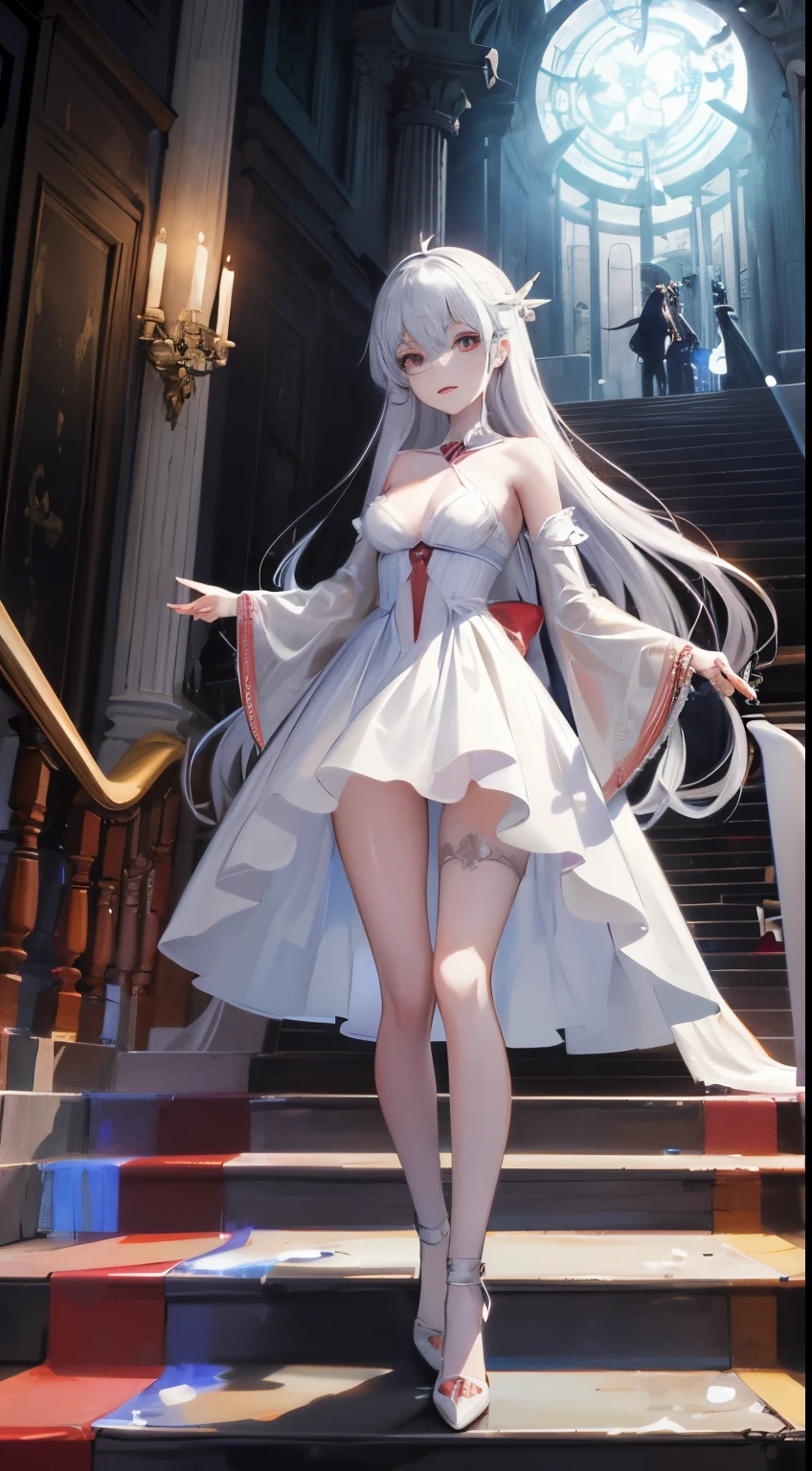 anime style; It's night, the little lighting comes from lit candles floating in the air; mysterious castle lobby; on the staircase in the center of the scene we see a vampire woman, pale face, bite marks on her neck, long and very straight hair, sculptural body, she wears a long transparent dress, through the transparency we can see large huge exagerado breasts with large nipples, a slit in the dress shows her legs , she wears red high-heeled shoes with a silver stare and a mischievous smile; add a tiny flying bat to the scene; add pictures to the scene on the walls; add to the scene a glass window showing the moon in the sky outside.