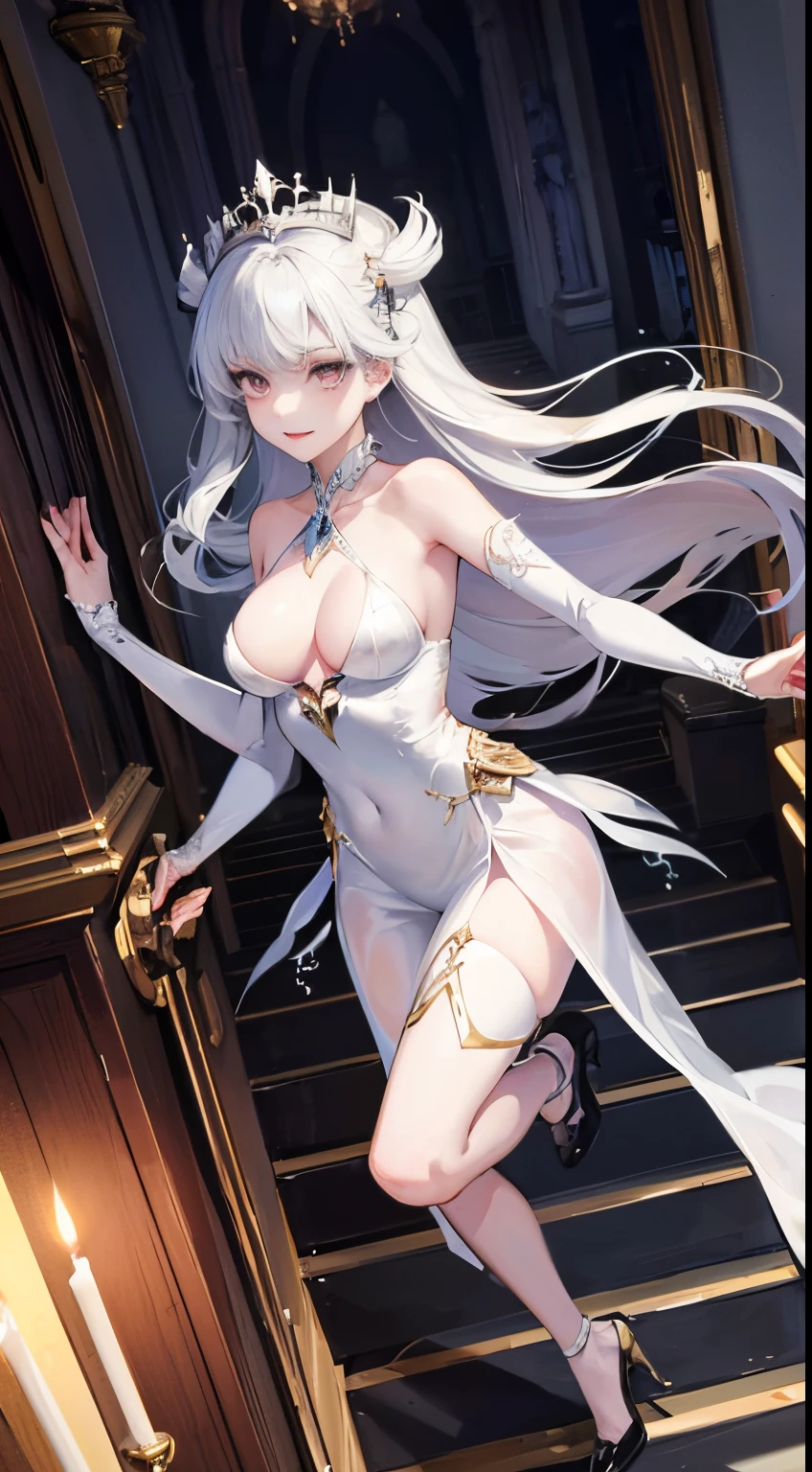 anime style; It's night, the little lighting comes from lit candles floating in the air; mysterious castle lobby; on the staircase in the center of the scene we see a vampire woman, pale face, bite marks on her neck, long and very straight hair, sculptural body, she wears a long transparent dress, through the transparency we can see large huge exagerado breasts with large nipples, a slit in the dress shows her legs , she wears red high-heeled shoes with a silver stare and a mischievous smile; add a tiny flying bat to the scene; add pictures to the scene on the walls; add to the scene a glass window showing the moon in the sky outside.