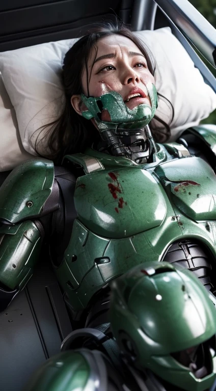 ((lying on your back on the ground))((Fulll body Shot))Middle-aged woman　Sweaty face、green weight robot suit、dirty dark green armor, Black hair、Heavy Cyborg、Sweaty face、、Open the legs、((heavily damaged armor))、(Armor that received a terrible attack)Opening Mouth、、((Drooling from the mouth..)) sexy eye　Cracks in the ground、Blood from the mouth、whole body is damaged、groggy expression、blood from the body　Wrinkles between the eyebrows　(Carried on a stretcher) Full face mask half-destroyed