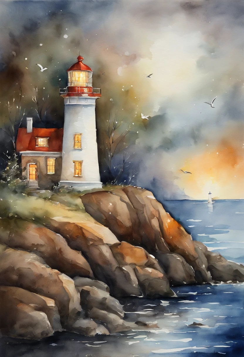 lighthouse lights up the night,Under the lighthouse, Couple sitting on the rocks