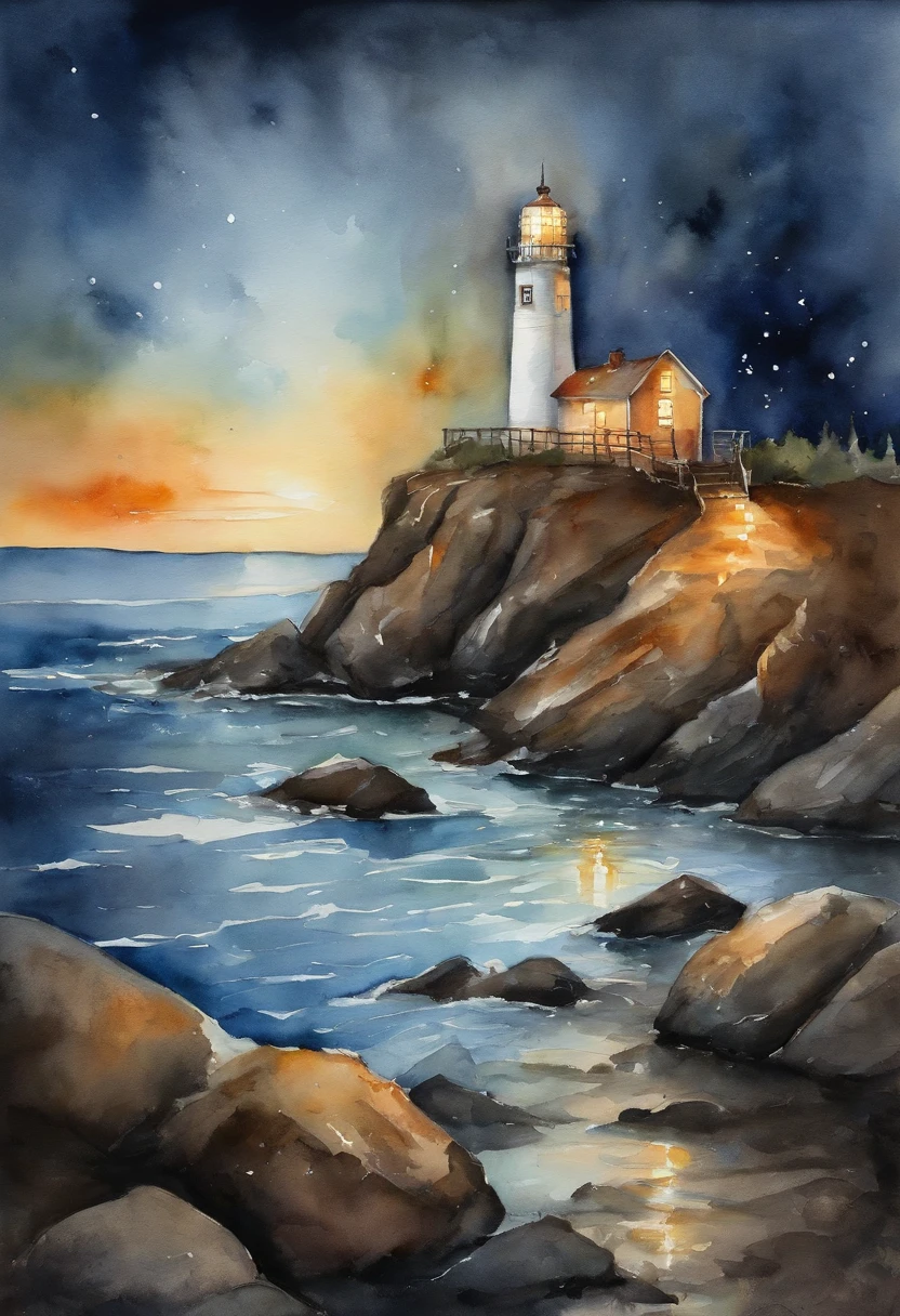 lighthouse lights up the night,Under the lighthouse, Couple sitting on the rocks