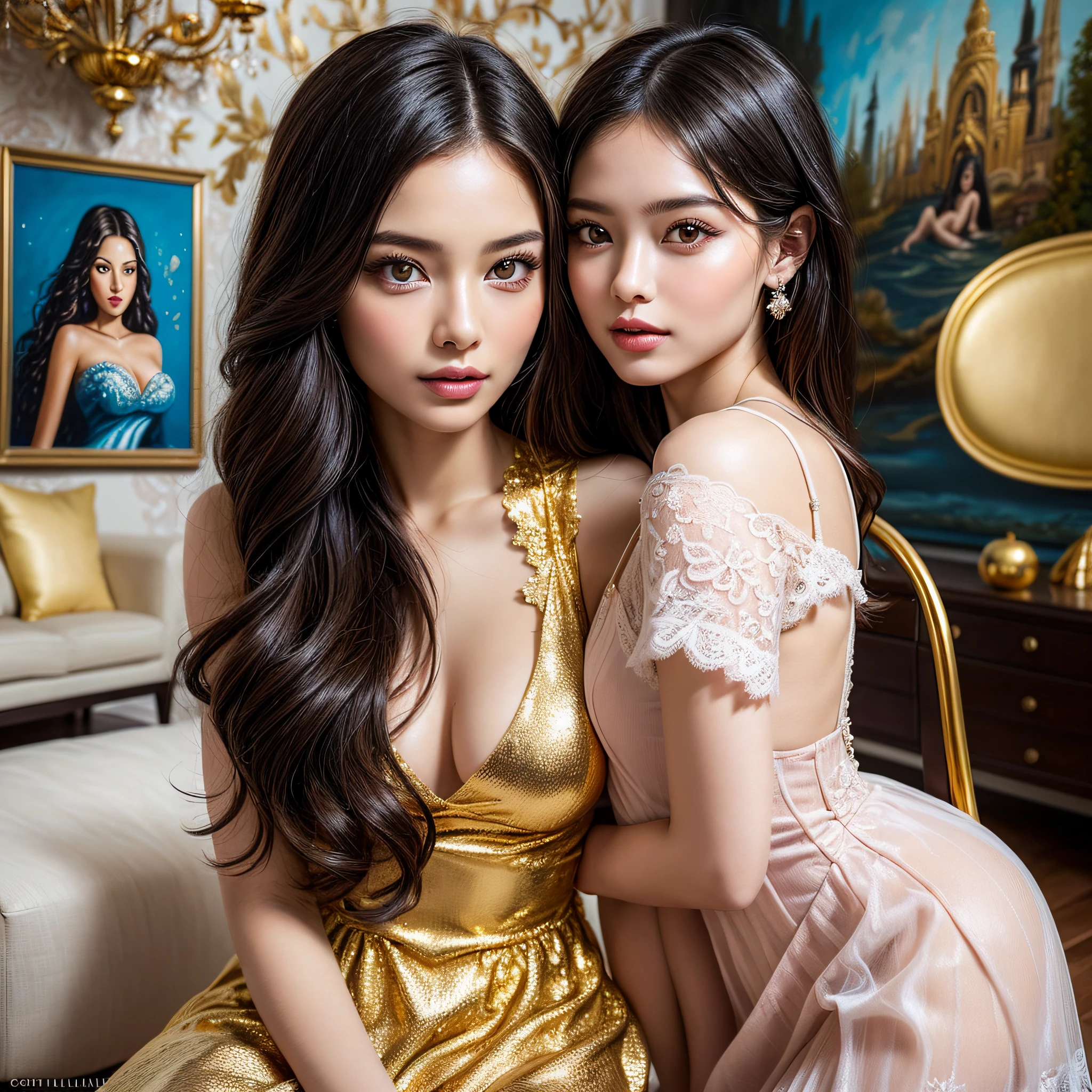 (2girls:1.3), princess, long hair, passionate, (extremely detailed beautiful face), (Beautiful girl in a princess dress:1.5), (lace dress:1.4), Amazing face and eyes, (The sexiest look), (Best Quality:1.4), (hyper quality), (Ultra-detailed), (extremely detailed CG unified 8k wallpaper), Highly detailed, RAW Photos, Professional Photography, sitting, (A luxurious living room with paintings of girls sex on the walls:1.6), (golden chairs, golden ornaments, dazzling brilliance:1.2), luxurious, gorgeous, secret, sexy shot, Magnificent, great, transcendental scale, Feeling of freedom, exposing, famous sexy movie scenes,