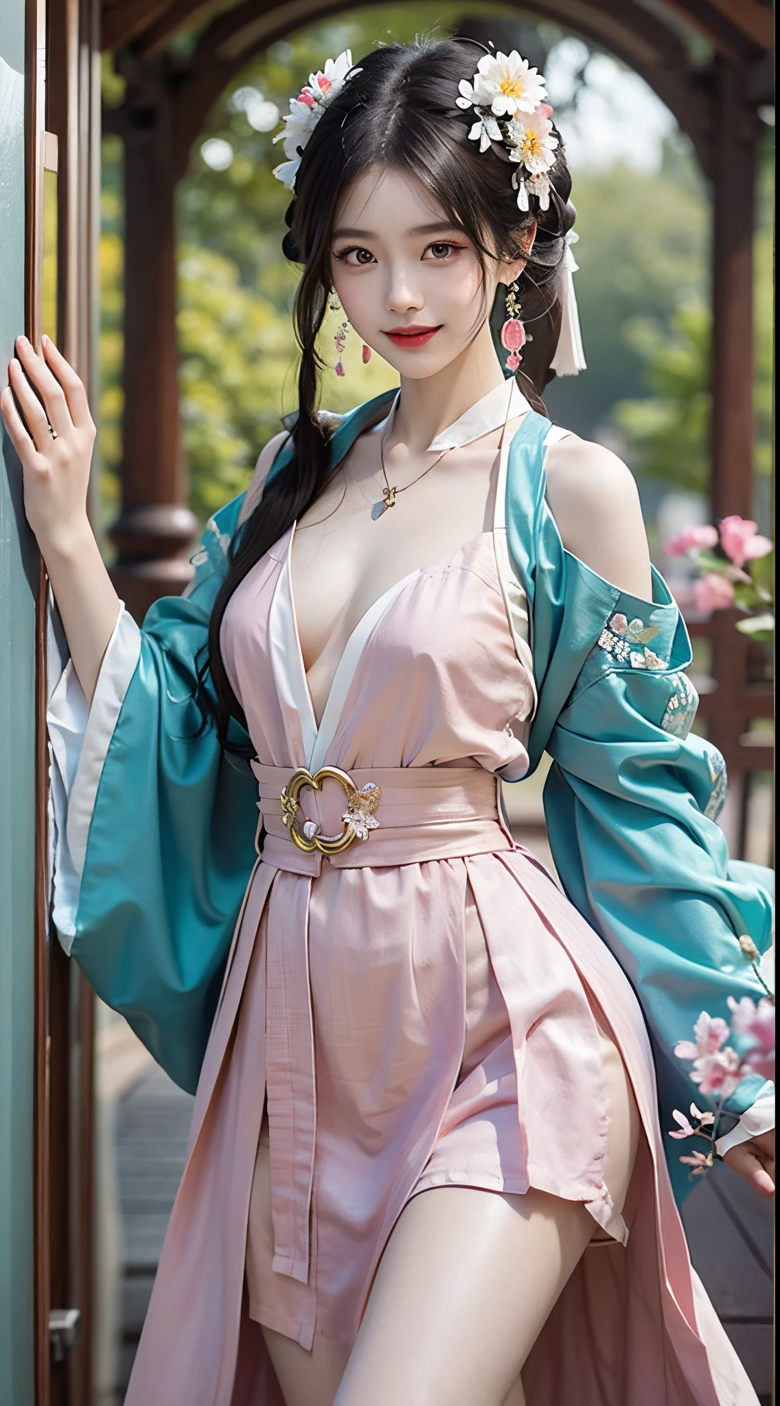 Photorealistic, high resolution, 1womanl, Solo, Hips up, view the viewer, (Detailed face), dunhuang_dress, jewelry, tattoo