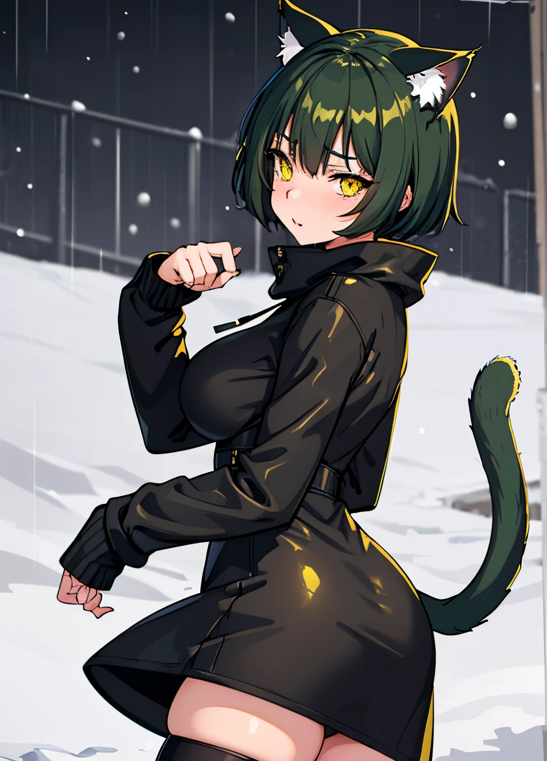 Cute girl, dark green hair, yellow eyes, short hair, cat ears, cat tail, cat collar, Winter clothes, Snow, rain, air, sexy body, sex, sexy, My dear, I want you to warm me, Cold, Honey, would you hold my ass