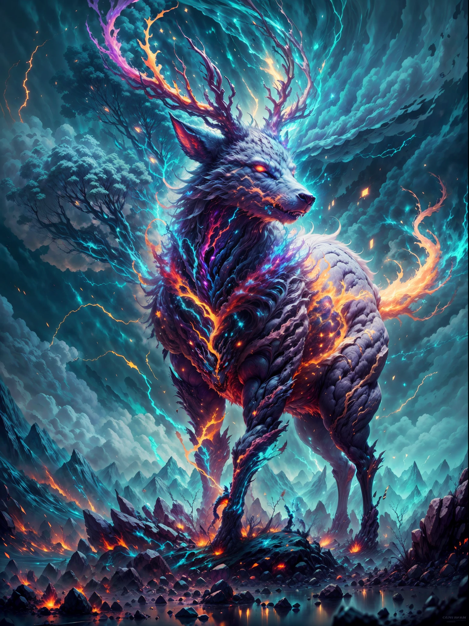 A mythical deer-like monster,sharp big deer horn, white azure fur cover body, deer horn,yellow and red thunder, thunderstorm wolf, lightning magic run through body, standing on 4 legs, energy aura, dark ray,Detailed,Realistic,4k highly detailed digital art,octane render, bioluminescence ,8K resolution concept art, realism,by Mappa studios,masterpiece,best quality,official art,illustration,ligne claire,(cool_color),perfect composition,absurdres, fantasy,focused,rule of third