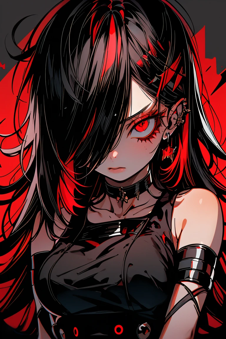 best quality, intricate details, chromatic aberration, 1girl, long hair, black hair, messy hair, red highlights, hair over one eye, red eyes, sharp eyes, choker,, , armbinder, arms behind back, bound arms,