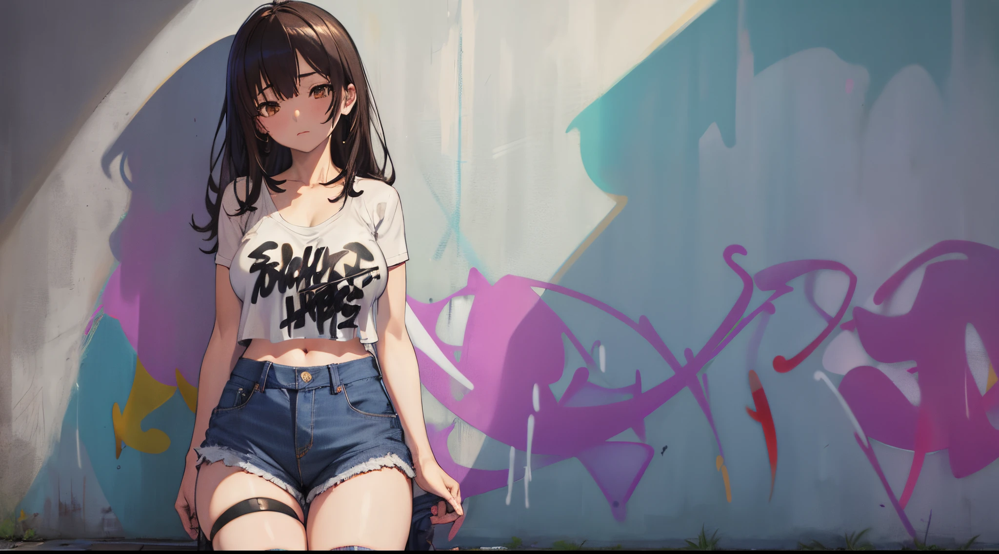 sayu, master-piece,UHD, retina, masterpiece, ccurate, super detail, textured skin, anatomically correct, high details, high quality, award winning, best quality, highres, 4K, 1girl,25 years old, oversized breasts, crop top, shorts jeans, oversized breasts, shorts jeans, (Graffiti:1.5), arm behind back, against wall, View viewers from the front., Thigh strap, Head tilt,