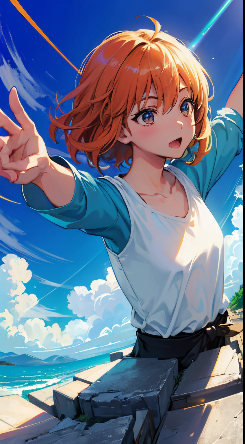 (Cinematic digital works of art: 1.3), hiquality, Masterpiece, Top Quality, super detaill, illustartion, [4K digital art]!!, Kyoto Animation Style, a one woman, Clavicle Beauty, Light, hope, blue skies, Positive, challenge, motivation, glistering, Dynamic perspective