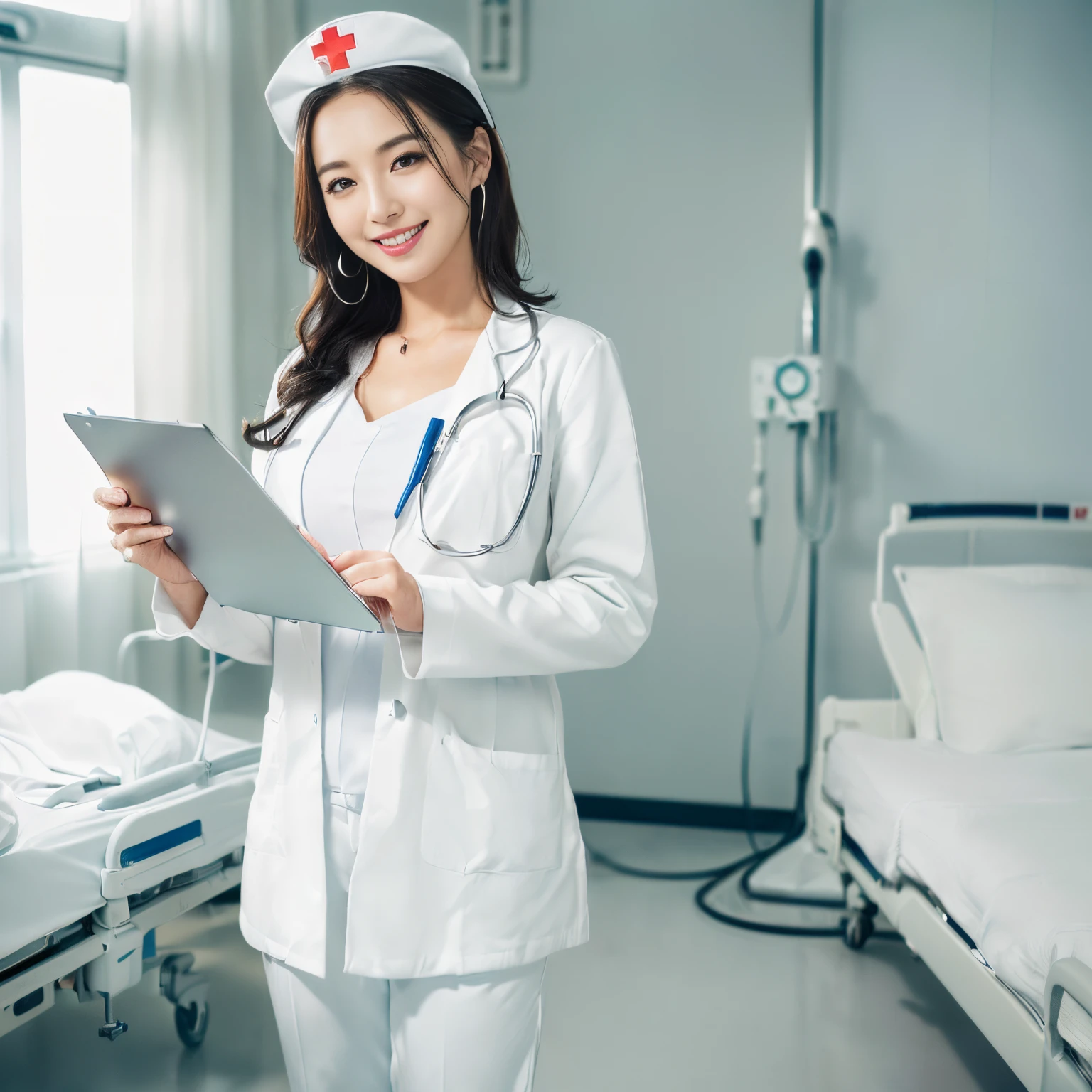 ((top-quality、masutepiece、8K、Top image quality、Bright lighting、Beautiful skin))、((1 nurse,Manteau blanc、Nurse Cap,authentic nurse cap、Full body white、pants style white coat、Nurse'White pants、Perfect smile、A big smile staring at the camera、Looking at the camera、Standing in a hospital room、holding a clipboard、perfect clipboard、stand with a clipboard、Shoot in the knee、Her whole body))、((Breasts are big、hyperdetailed face、stethoscope、二重まぶた、White clean teeth、Breasts are big、Perfect makeup,Gentle expression、shiny lip、Detailed depiction of the background of the hospital room、Perfect litthing))