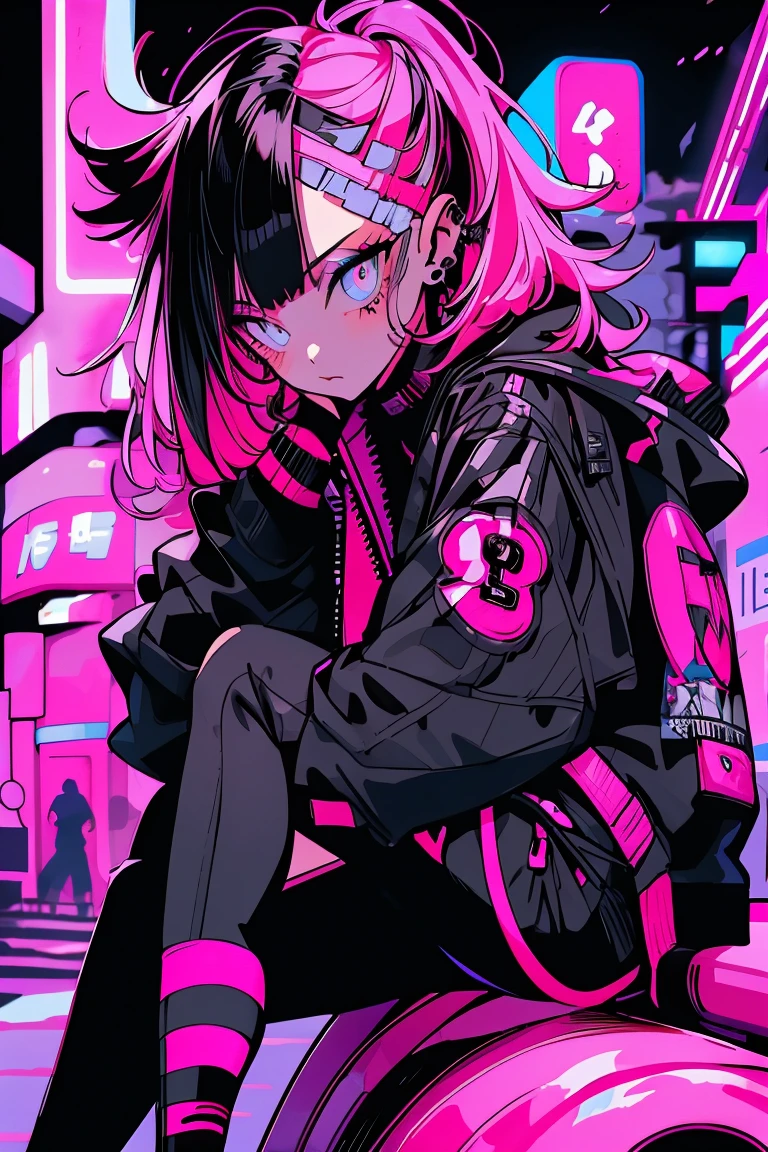 girl, pink long hair, cool black open short jacket, tatoos, messy fade cut hair, crazy, sit pose, on futuristic neon night street background,poser