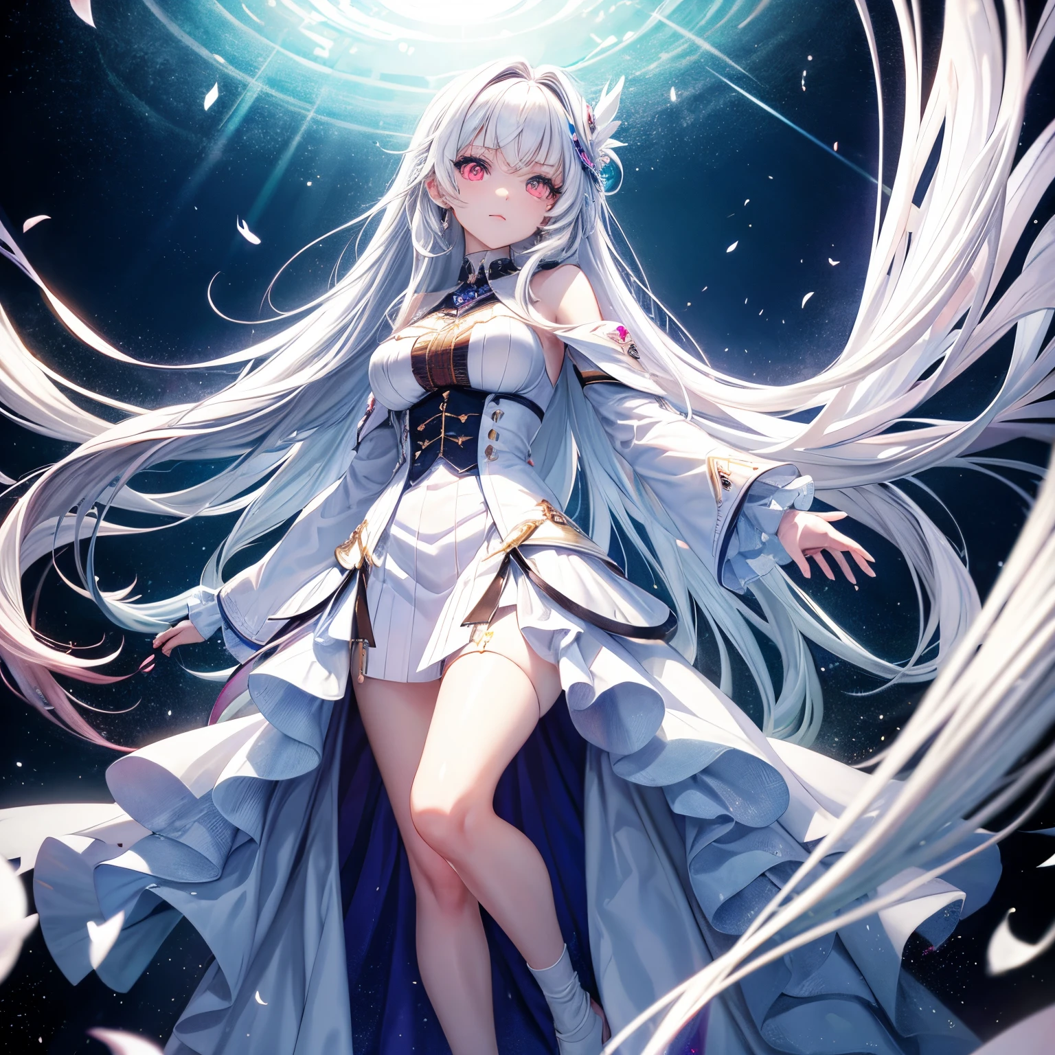 A barefoot white-haired girl in a long gray dress stood in the universe, and countless planets around her emerged and shattered,full bodyesbian