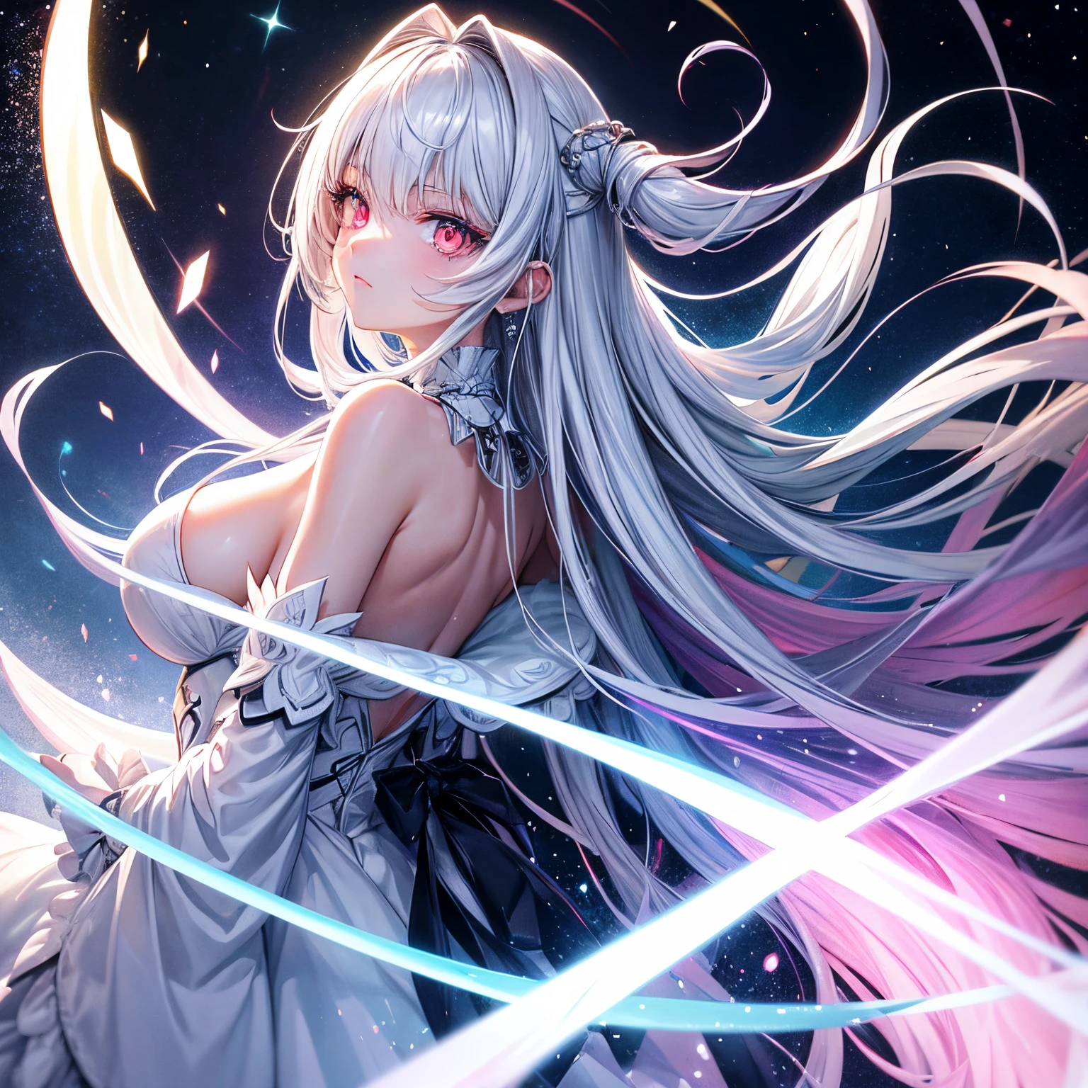 tmasterpiece, Best quality at best, tall_quality, tall_settle, tmasterpiece*dressed in, A white space, Colorful, 1个Giant Breast Girl, Alone, The white_the hair, prism hair, [Pink|Green] The eye, Gradient eyes, Multicolored eyes, glowing light eyes, glowing, glitters, Glowing white particles, Wind lift, full_body, Serious,