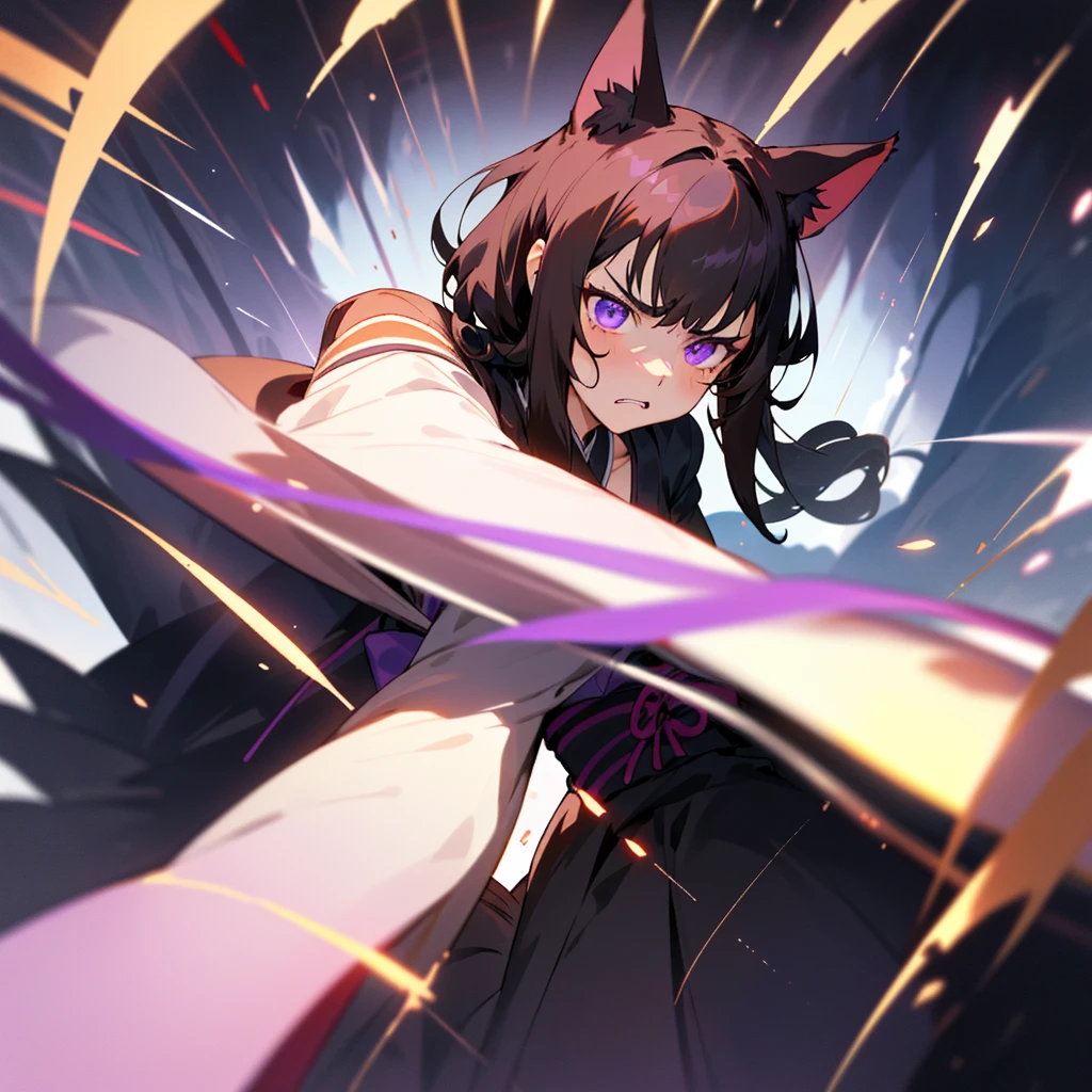 1 girl,(Brunette hair and semi-long hair)(beautiful hairl), actor, Unhappy, Best quality at best, tmasterpiece，1 short black haired girl with cat ears，dark purple light，Black dress，Blurred foreground，Headshot，Looking at the lens from bottom to top，Above the shoulder，angry，Japanese cartoons