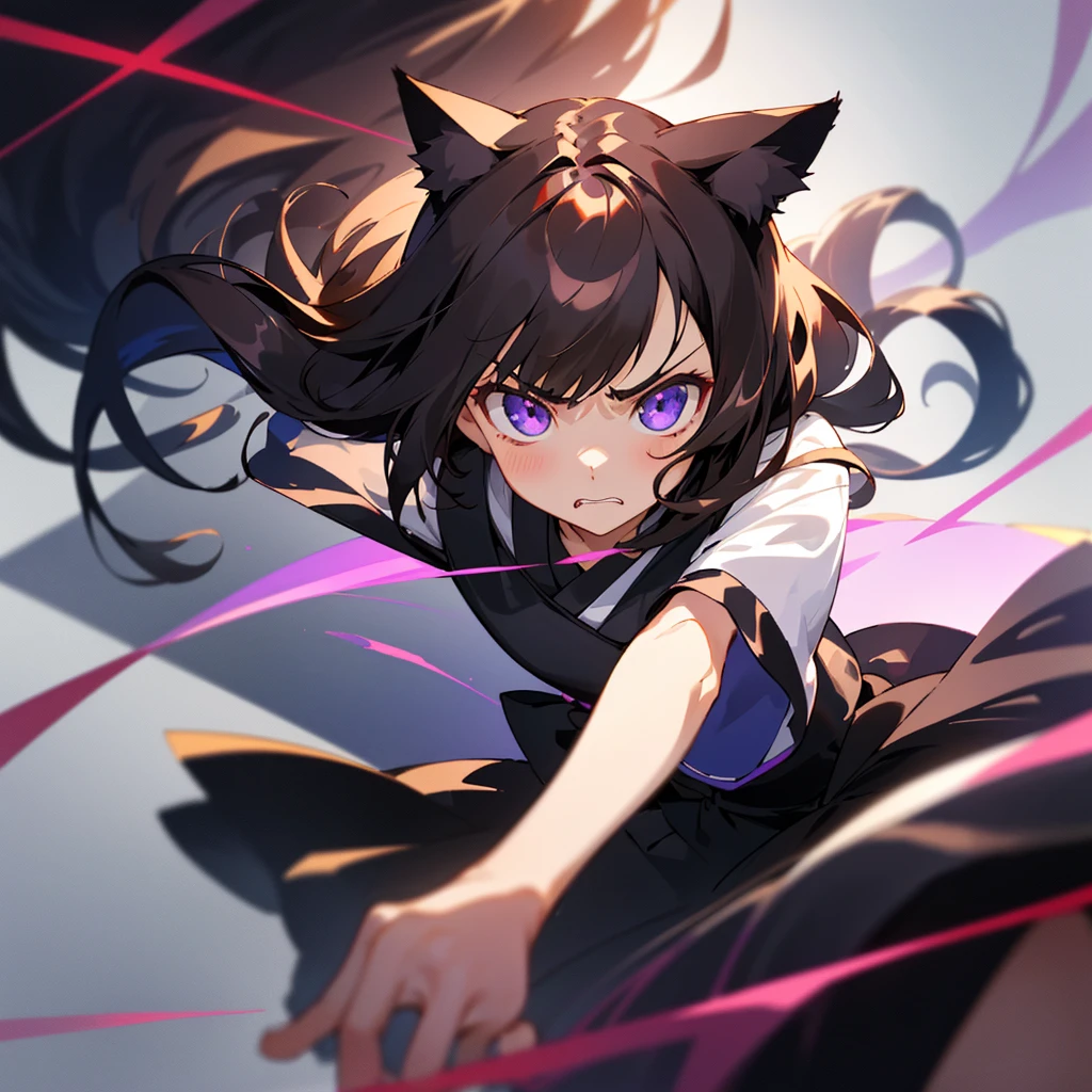 1 girl,(Brunette hair and semi-long hair)(beautiful hairl), actor, Unhappy, Best quality at best, tmasterpiece，1 short black haired girl with cat ears，dark purple light，Black dress，Blurred foreground，Headshot，Looking at the lens from bottom to top，Above the shoulder，angry，Japanese cartoons