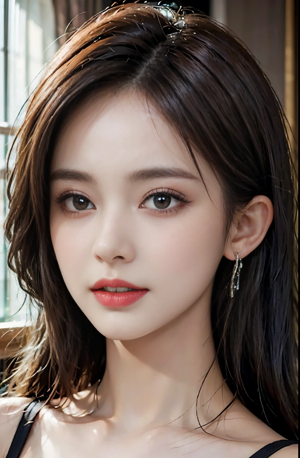 Top quality work,Photorealistic works,Ultra Premium Graphics,8K HD CG works,High-quality graphics,High-definition fine CG works,10x pixel,Ultra-fine details:1.1,Advanced technical details:1.1Photographically realistic, A high resolution ,Transparent hair,High Detail Hair(Premium Hair Detail:1.1)Clear eyes,Good looking double eyelids,Sharp eye makeup, Delicate makeup for eyelashes, Thin eyebrows, ultradetailed eyes,High Nose, lovely red lips, Rose cheeks, Face with delicate makeup , Pretty Face, A perfectly proportioned face,(Advanced facial details:1.1), Women's Artwork,full-body view,Goddess of Dress,,amazing,Today's eyes are bright ((masterpiece、top-quality、high-detail))、女の子1人、(Photorealsitic:1.4)、独奏、closes mouth、Happy smile、Smile happily、pretty black hair、Shorthair、big eye、Distinct double eyelids、Lashes、Put your ears out、long neck、Absolute area、skirt by the、((Face Close-up))、(Cap、Draw all the shoulders)、age19、Attractive proportions、glowy skin、Clean collarbone、The face of the golden ratio、face perfect、Tear mole、Mole on the chest、bangss、Clean bangs、lipgloss、thin lipss、White-colored skin、barechested、large full breasts