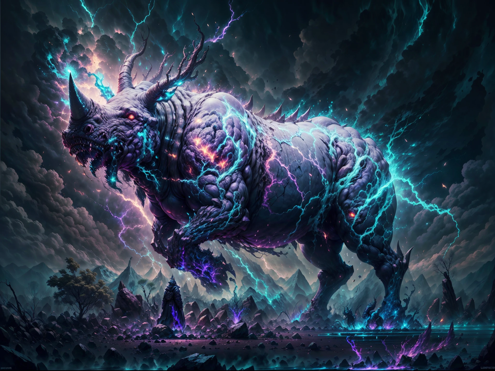 A mythical giant rhino-like monster,sharp big horn, white azure fur cover body, deer horn, thunderstorm wolf, lightning magic run through body, standing on 4 legs, energy aura, dark ray,Detailed,Realistic,4k highly detailed digital art,octane render, bioluminescence ,8K resolution concept art, realism,by Mappa studios,masterpiece,best quality,official art,illustration,ligne claire,(cool_color),perfect composition,absurdres, fantasy,focused,rule of third