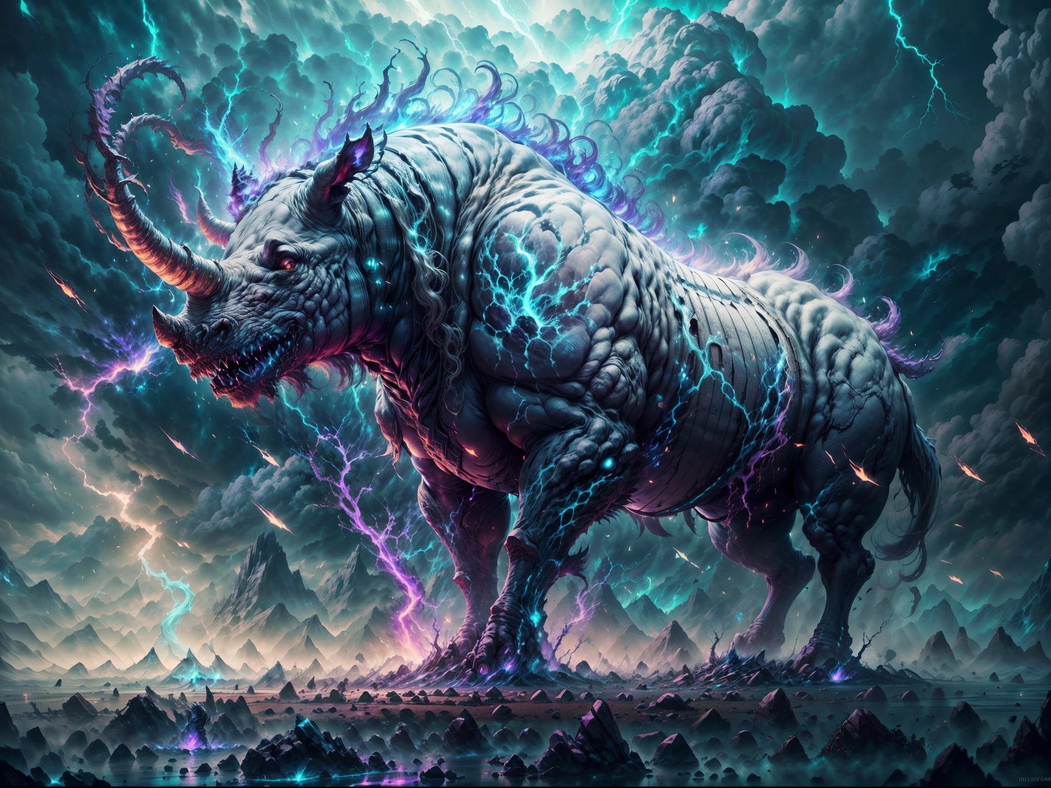 A mythical giant rhino-like monster,sharp big horn, white azure fur cover body, deer horn, thunderstorm wolf, lightning magic run through body, standing on 4 legs, energy aura, dark ray,Detailed,Realistic,4k highly detailed digital art,octane render, bioluminescence ,8K resolution concept art, realism,by Mappa studios,masterpiece,best quality,official art,illustration,ligne claire,(cool_color),perfect composition,absurdres, fantasy,focused,rule of third