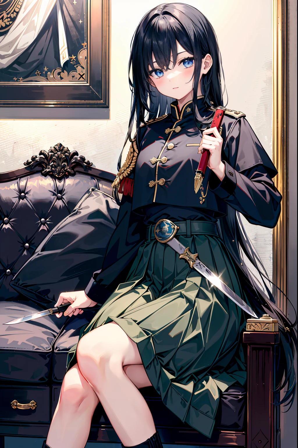 From diagonally front one girls, ((military uniform⁺skirt)) ((He wears a Western knife on his waist.;1.2)) Black hair Beautiful long hair Blue eyes Wearing high-ranking military uniform Sitting on a chair with legs crossed (((western style furniture and room))) Obi sword high-level image quality Highest quality Masterpiece