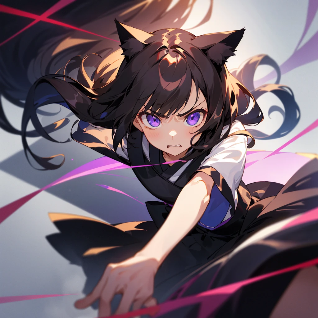 1 girl,(Black and semi-long hair)(beautiful hairl), actor, Out of sorts, Best quality, tmasterpiece,1 girl with black short hair and cat ears,deep purple light,Black dress,blurryforeground,head-shot,Look at the camera from the bottom up,above shoulder,Angry,japanese manga