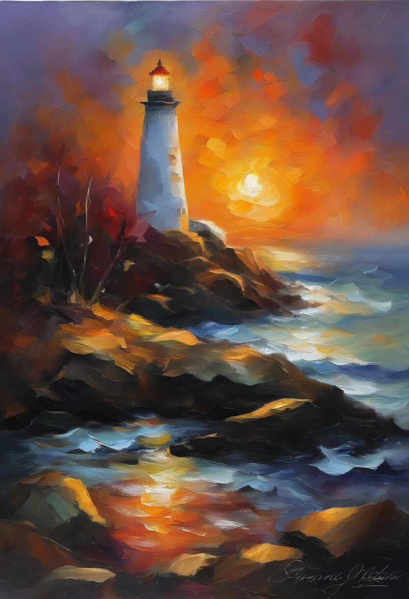 lighthouse lights up the night,Under the lighthouse, Couple sitting on the rocks