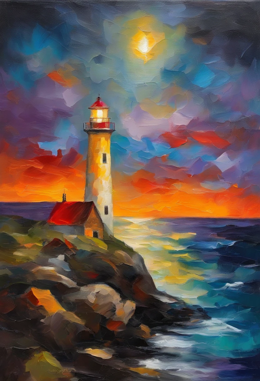 lighthouse lights up the night,Under the lighthouse, Couple sitting on the rocks