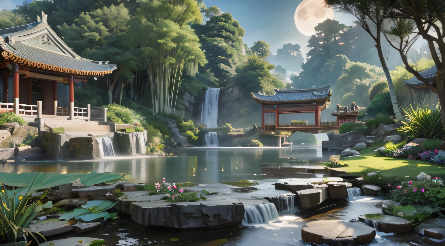 9:16 Full picture, ancient Chinese architecture, hazy moon, night, garden, bamboo, lake, stone bridge, rockery, arch, corner, rockery, tree, running water, landscape, outdoor, waterfall, grass, rock, water lily, hot spring , Water Vapor, (Illustration: 1.0), Epic Composition, Detail Enhancement, Detail Enhancement. Realistic lighting, HD details, masterpiece, best quality, (very detailed CG unity 8k wallpaper), (best quality)