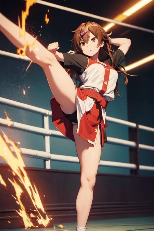 1girl, long brown hair, shinka nibutani, angry stare, a swift right leg high kick in the air, right foot lifted above head-level, high kick, toes bent backwards, standing on left leg, holding fistsnear the chest, taekwondo front kick, martial arts contest, intense battle, barehands, fighting pose, facing viewer, POV, show full body in picture, (best quality,4K,high resolution,masterpiece:1.2)