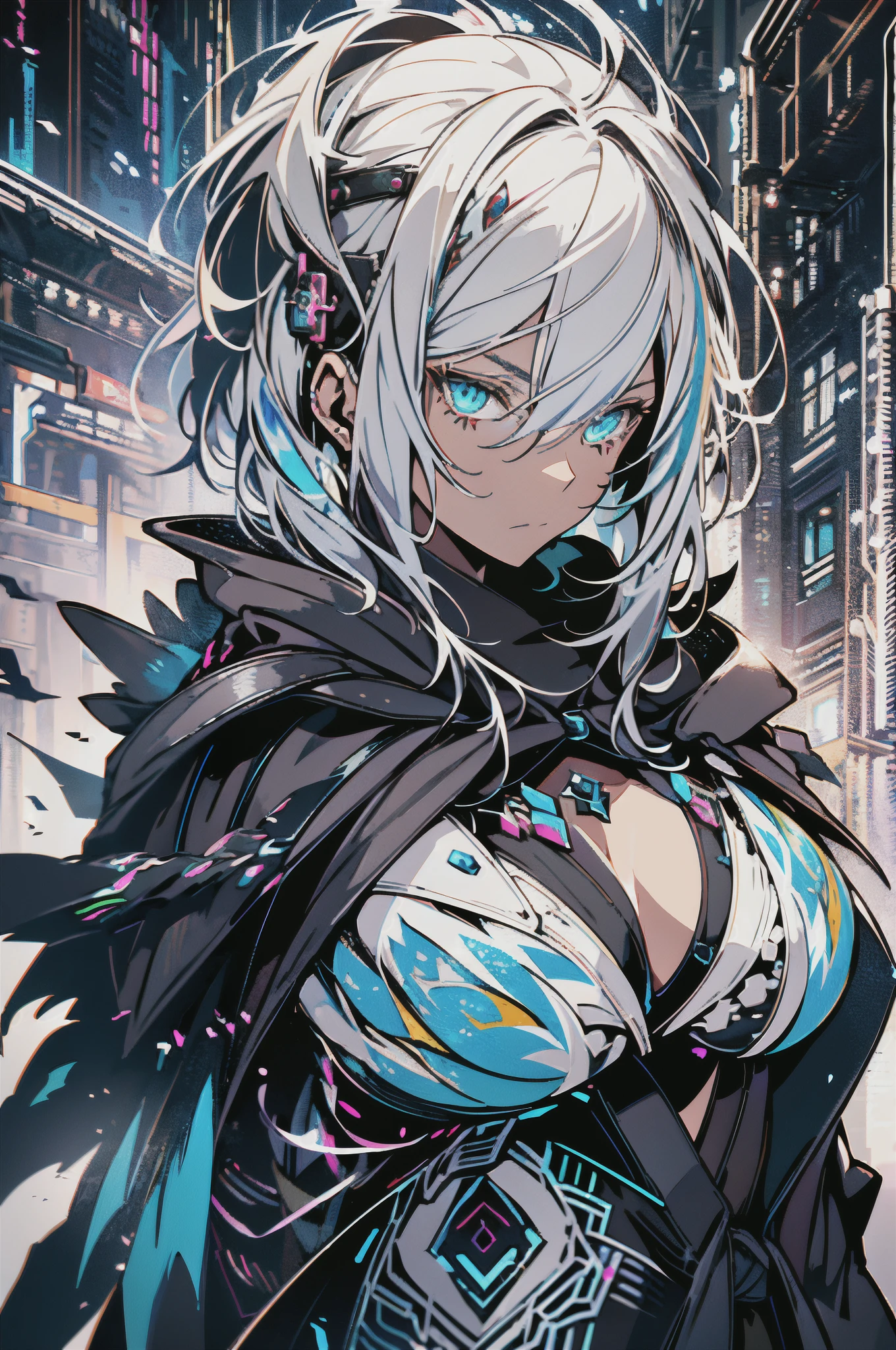 Cyberpunk female, fantasy world, dark background, clean design, epic instagram, artstation, colorful paint splatter, silhouette, hyper detailed intricate details, unreal engine, fantasy, intricate details, splash screen, complementary colors, Fantasy concept art, 8k resolution, deviantart masterpiece, oil painting, heavy strokes, paint dripping, (isolated on white background: 1.3), rainbow skin, (((handsome young woman))), ((age:1.5) ), (glowing blue eyes), ((light eyes)), ((((short white hair: 1.1))), ((black clothes)), (princess\\(indifferent expression\\),, ( ((Wears high detail luxurious black robe))), white hair, frost magic, ((medium breast) --v 6