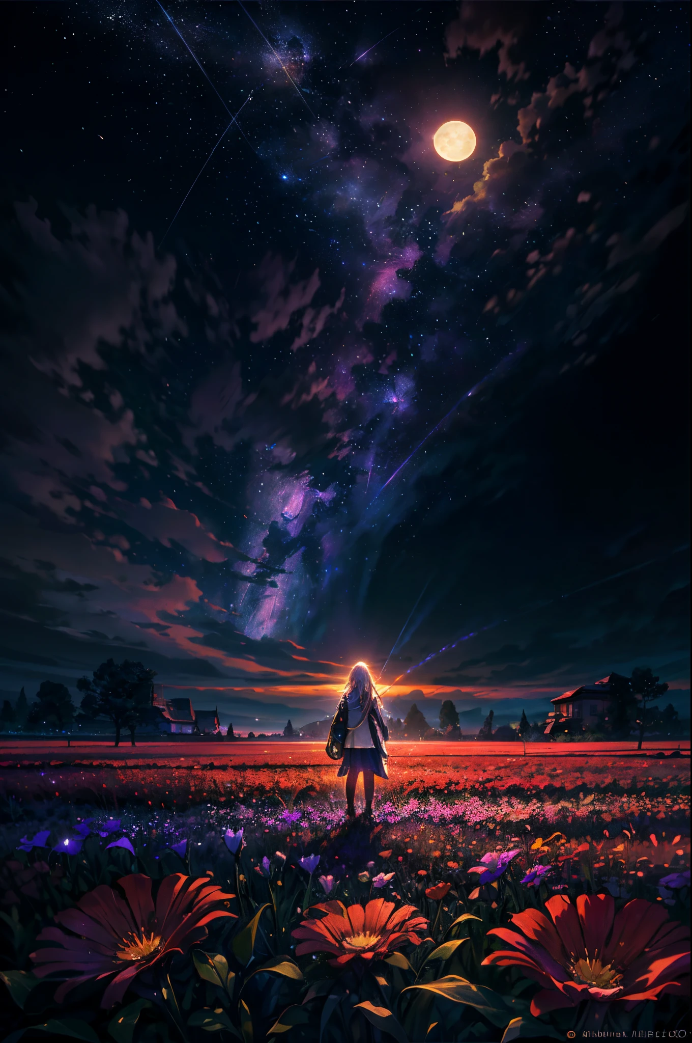 expansive landscape photography, (a bottom view showing the sky above and open country below), a girl standing in a field of flowers looking up, (full moon: 1.2), (shooting stars: 0.9), (nebula : 1.3), distant mountain, BREAK tree production art, (warm light source: 1.2), (Firefly: 1.2), lamp, lots of purple and orange, intricate details, volumetric lighting, BREAK realism (masterpiece: 1.2) , (best quality), 4k, ultra-detailed, (dynamic compositing: 1.4), highly detailed, colorful details, (iridescent colors: 1.2), (bright lighting, atmospheric lighting), dreamy, magical, (solo: 1.2)