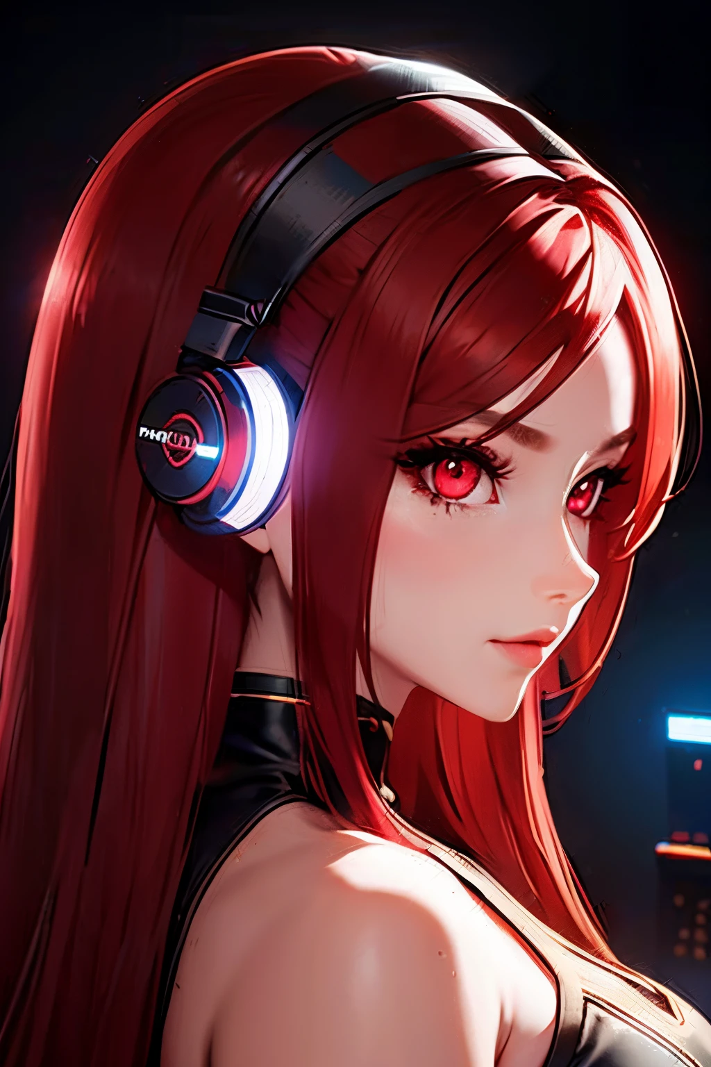 girl with long red hair, red eyes, futuristic vibes, mask on mouth, headphones, 8k, high quality, simple background, glowing eyes, nice pose