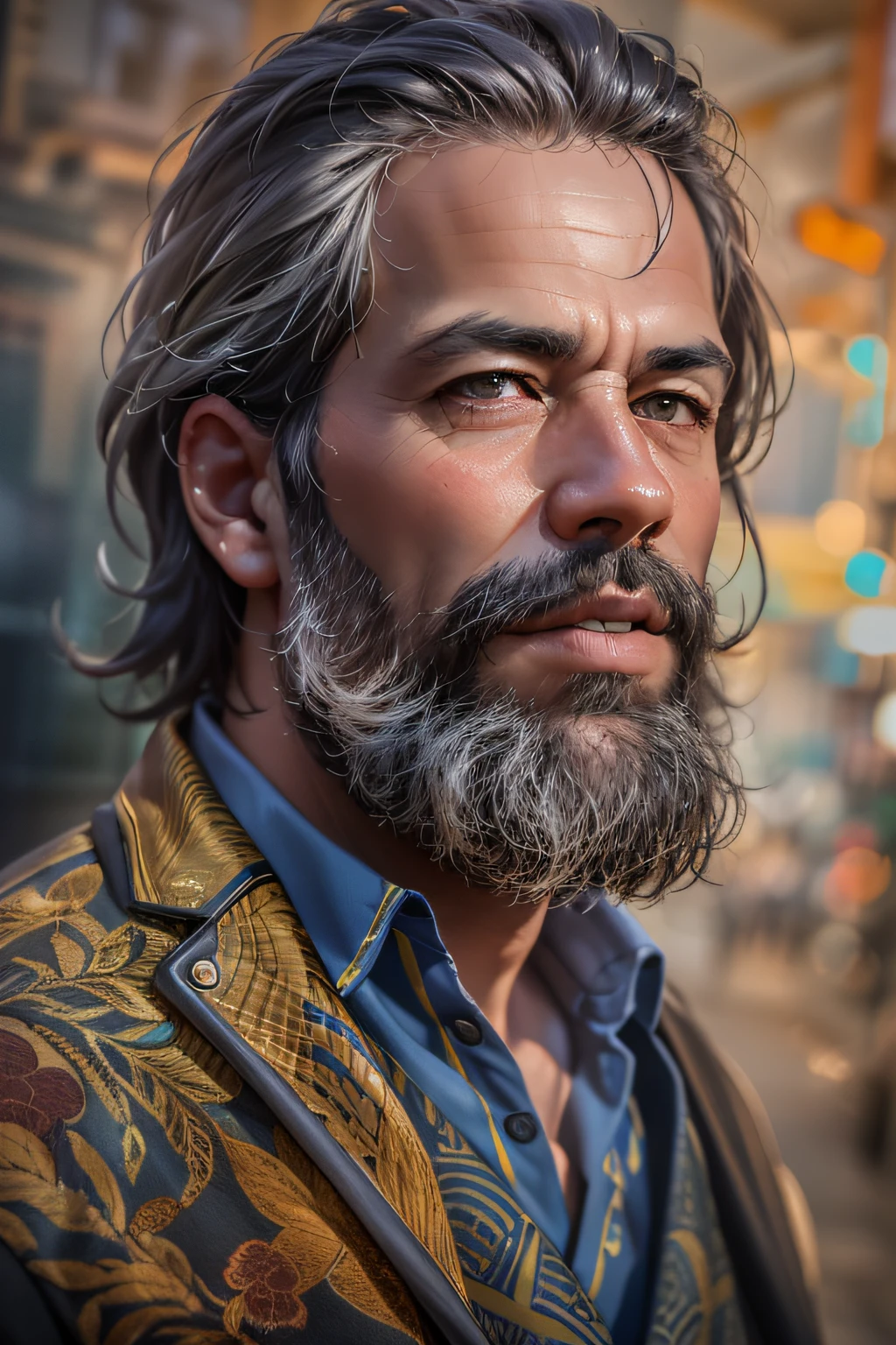 (best quality,4k,8k,highres,masterpiece:1.2),ultra-detailed,(realistic,photorealistic,photo-realistic:1.37),39 year old man,gradient hair,gradient beard,no mustache,strong jawline,sharp features,piercing eyes,intense gaze,distinguished appearance,sophisticated look,wise expression,wisdom and experience,confident smile,stylish outfit,fashionable attire,casual elegance,modern and classy,standing against a colorful abstract background,subtle lighting,soft shadows,rich color palette,vibrant hues,contrasting tones,artistic style,impressionist touch,elegant brushstrokes,texture and depth,realistic rendering,sophisticated details,meticulous attention to facial features,subtle wrinkles and lines,highly defined hair strands,perfectly groomed beard,fine skin texture and pores,detailed clothing folds and patterns,aesthetic composition,balanced and harmonious,fine art quality,painted on a canvas,portrait format,a masterpiece capturing the essence of age and wisdom.