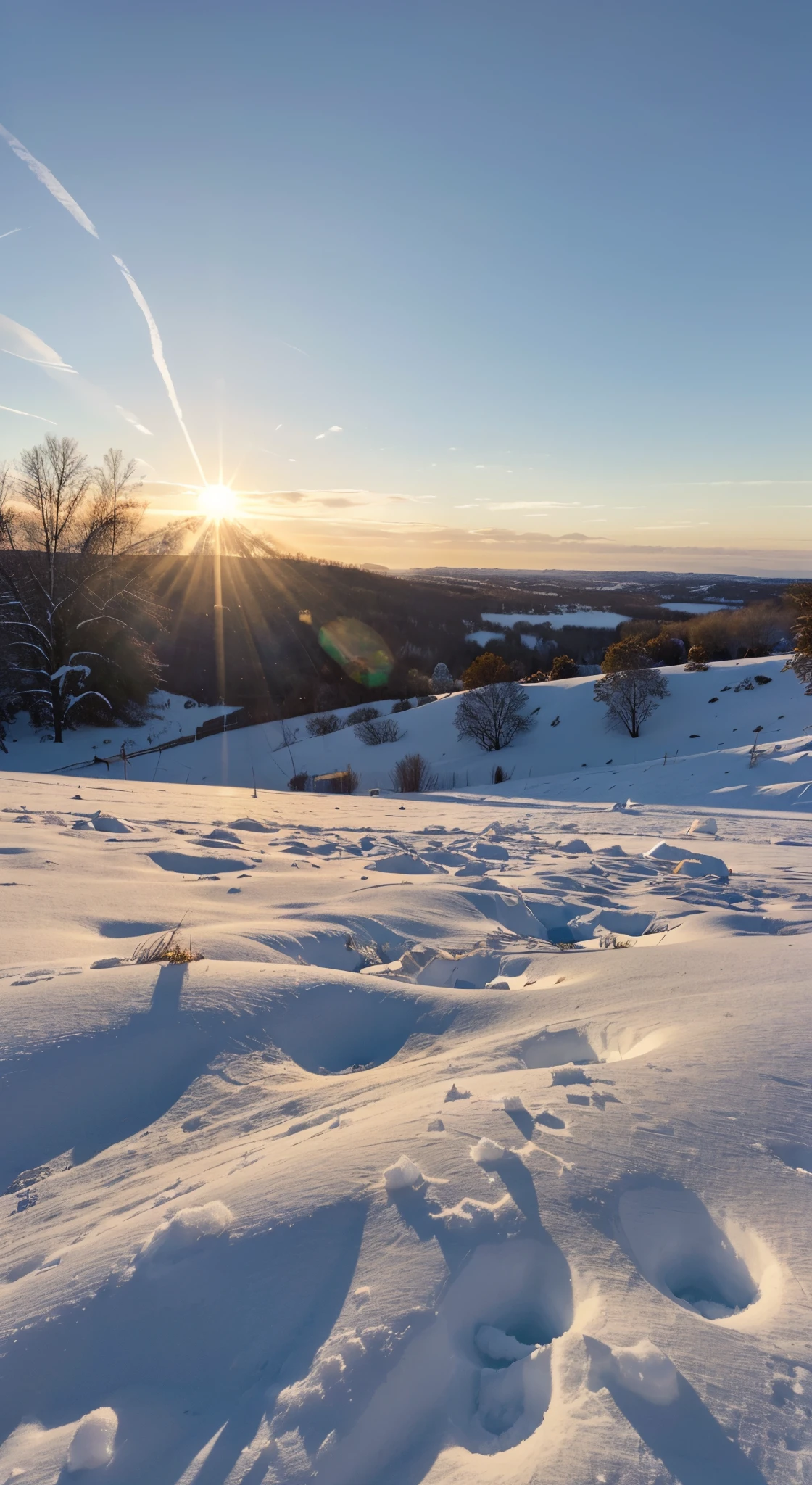 (Best quality, tmasterpiece,horizon view),(at winter season,The sun rises over the horizon,Immaculately white in the snow,The snow is intact,The grass is covered with snow)