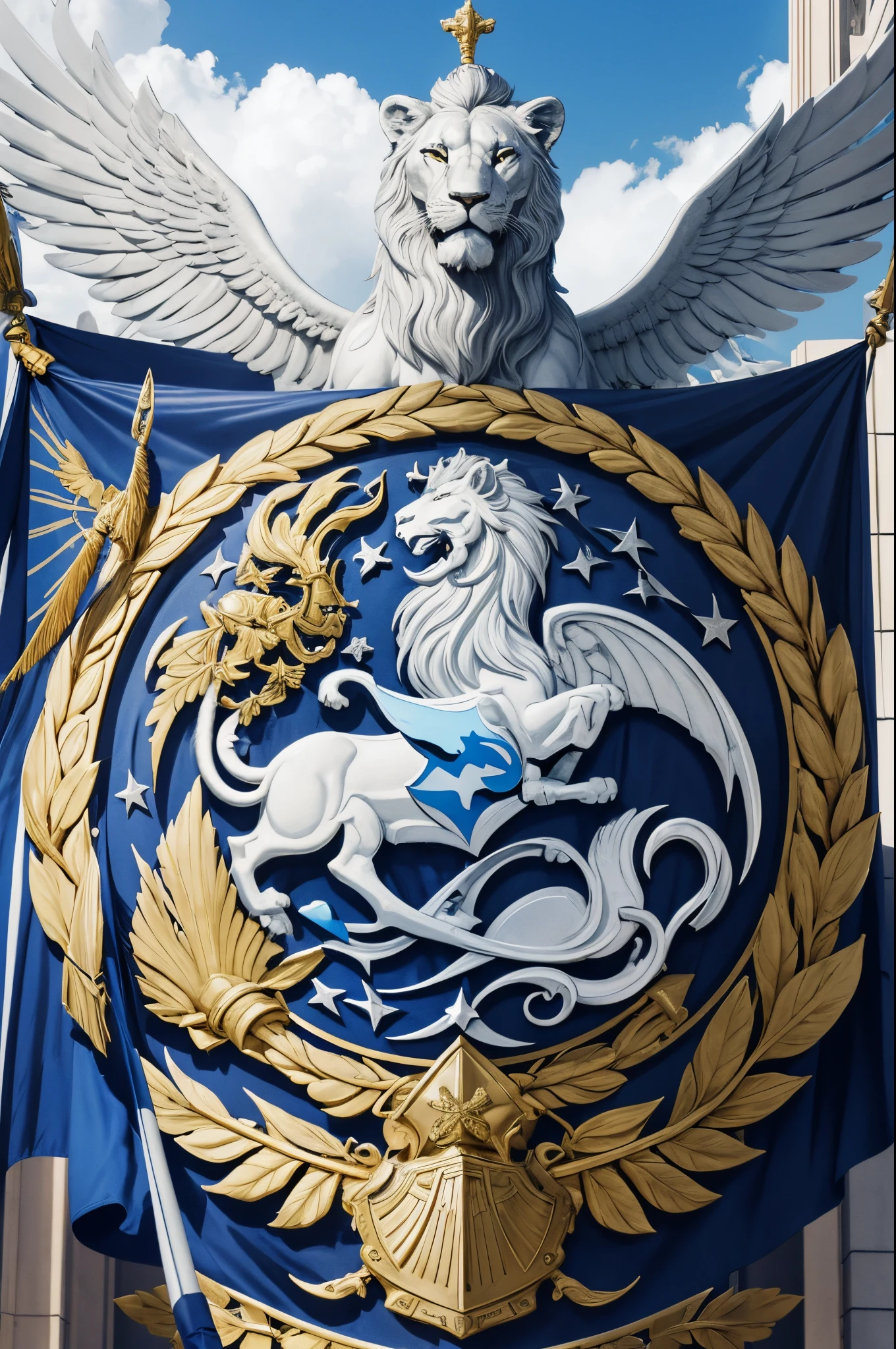 Emblem of the Aldrian Armed Forces:

Central Element:
At the heart of the emblem is a majestic silver lion, representing strength, courage, and the regal nature of Aldria. The lion is depicted in a dynamic stance, its mane flowing, symbolizing the forceful and resolute nature of the armed forces.

Shield Background:
The lion is placed upon a shield-shaped background, signifying the protective role of the Aldrian Armed Forces. The shield is divided into four quadrants, each representing one of the primary branches of the military: the Royal Army, the Silver Guard, the Arcane Corps, and the Skywatch.

Quadrant Symbols:

    Royal Army: A crossed sword and shield, representing conventional warfare and territorial defense.
    Silver Guard: A pair of crossed silver blades, symbolizing elite special forces and covert operations.
    Arcane Corps: A stylized magical rune, depicting the mystical and enchanted aspects of the military.
    Skywatch: An upward-pointing arrow and a pair of wings, representing aerial defense and reconnaissance.

Outer Circle:
Encircling the shield is a golden laurel wreath, representing honor, achievement, and victory. The laurel wreath signifies the dedication of the armed forces to excellence and success in their endeavors.

Banners and Motto:
Two banners extend from the base of the shield, each bearing the kingdom's colors. On the top banner is the name "Aldria" in elegant script, and on the bottom banner is the motto of the Aldrian Armed Forces: "Vigilance, Valor, Victory."

Color Palette:

    Silver: Represents strength, nobility, and the magical aspect of the armed forces.
    Gold: Symbolizes honor, achievement, and victory.
    Blue: The traditional color of Aldria, representing loyalty, stability, and the kingdom's commitment to peace.