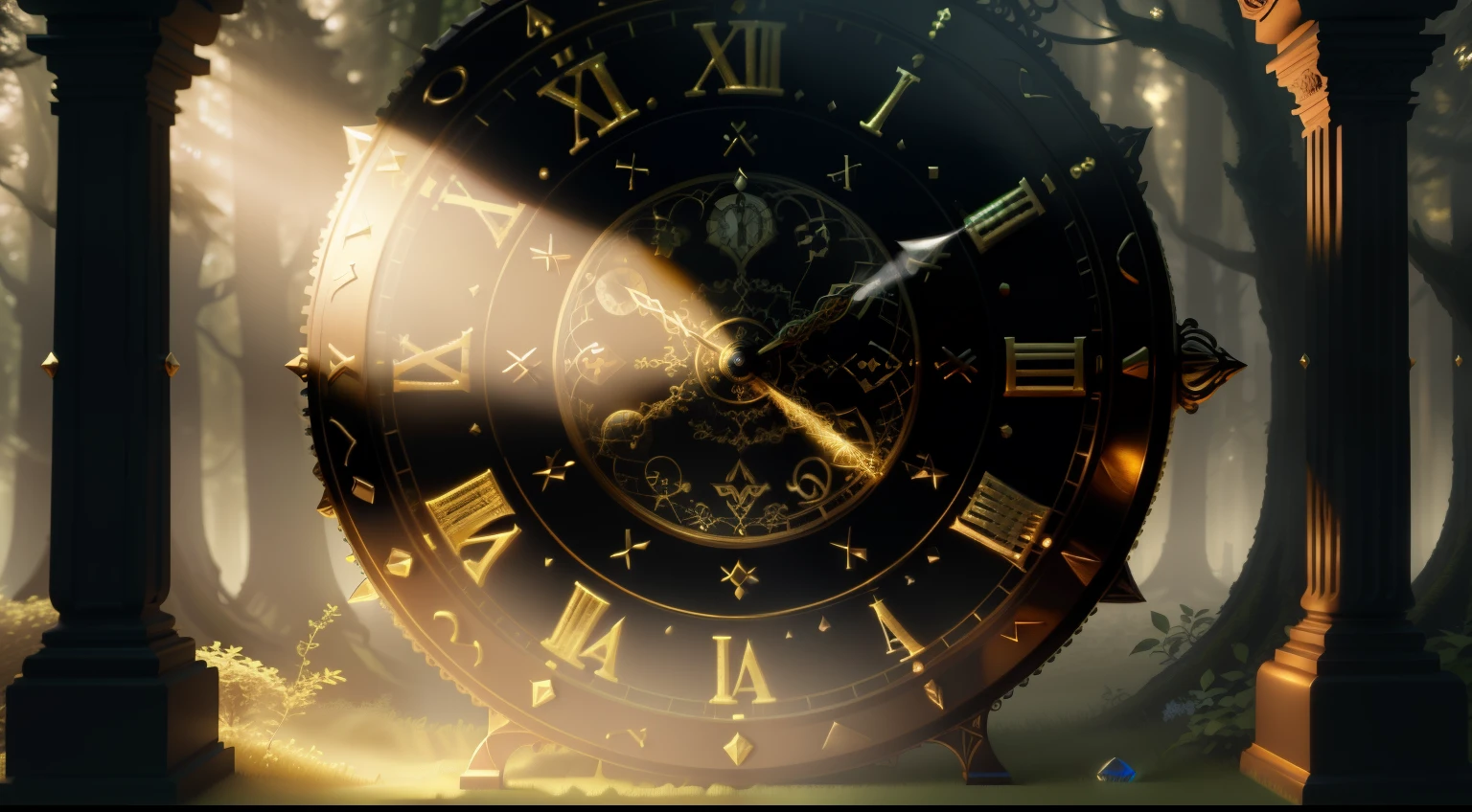 Photo of a large hand holding an antique gold watch, monstro, magia-fantasia-floresta, arte digital, most amazing art in the world, ((sem humanos)), Light Volumetric, cores suaves equilibradas, forest scenario, videiras, uhd, render de octanas 8k, magica, Awesome, ethereal, intrincado, design intrincado, ultra sharp, sombras, cores mais frias, trend in CGSociety, olhos brilhantes, ((melhor qualidade)), ((obra-prima)), (detalhado), antique clock