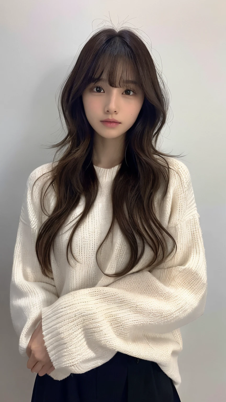 (top-quality、16K resolution)女の子1人、独奏、natural soft light、small tits、A Japanese Lady、Looking at the camera、White long-sleeved knit、(Beauty Salon Background)、Facing the front、is standing、bobhair、Woman in her late teens、Light bangs、short-hair、Salon model、Natural look、portlate、floated hair、Rolled hair、A dark-haired