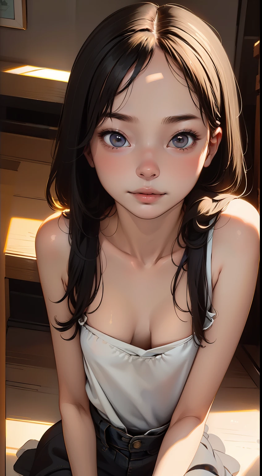 (masterpiece, best quality:1.4), 8k, 85mm, official art, absurdres, (downblouse:1.2), (from above:1.1), violaceaess, cute face, beautiful eyes, camisole, upper body, looking at viewer, short hair, bangs, small head, (smile:0.6), sharp focus, facelight, dynamic lighting, cinematic lighting, dramatic shadow, perspective, depth of field, highres, ultra detailed, finely detail, extremely detailed, detailed eyes and face, sharp pupils, realistic pupils, simple background, small waist, flare skirt