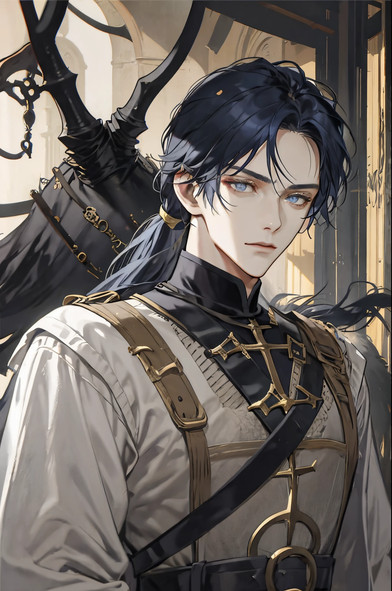 1 male, adult, tall and lean, handsome, blackish-blue hair, hair in low ponytail, blue-ish grey eyes, elegant, condescending, cunning, machiavellian, intelligent advisor, medieval nobility, dark colored shroud with gold embroidery , medieval clothing, fantasy, close up