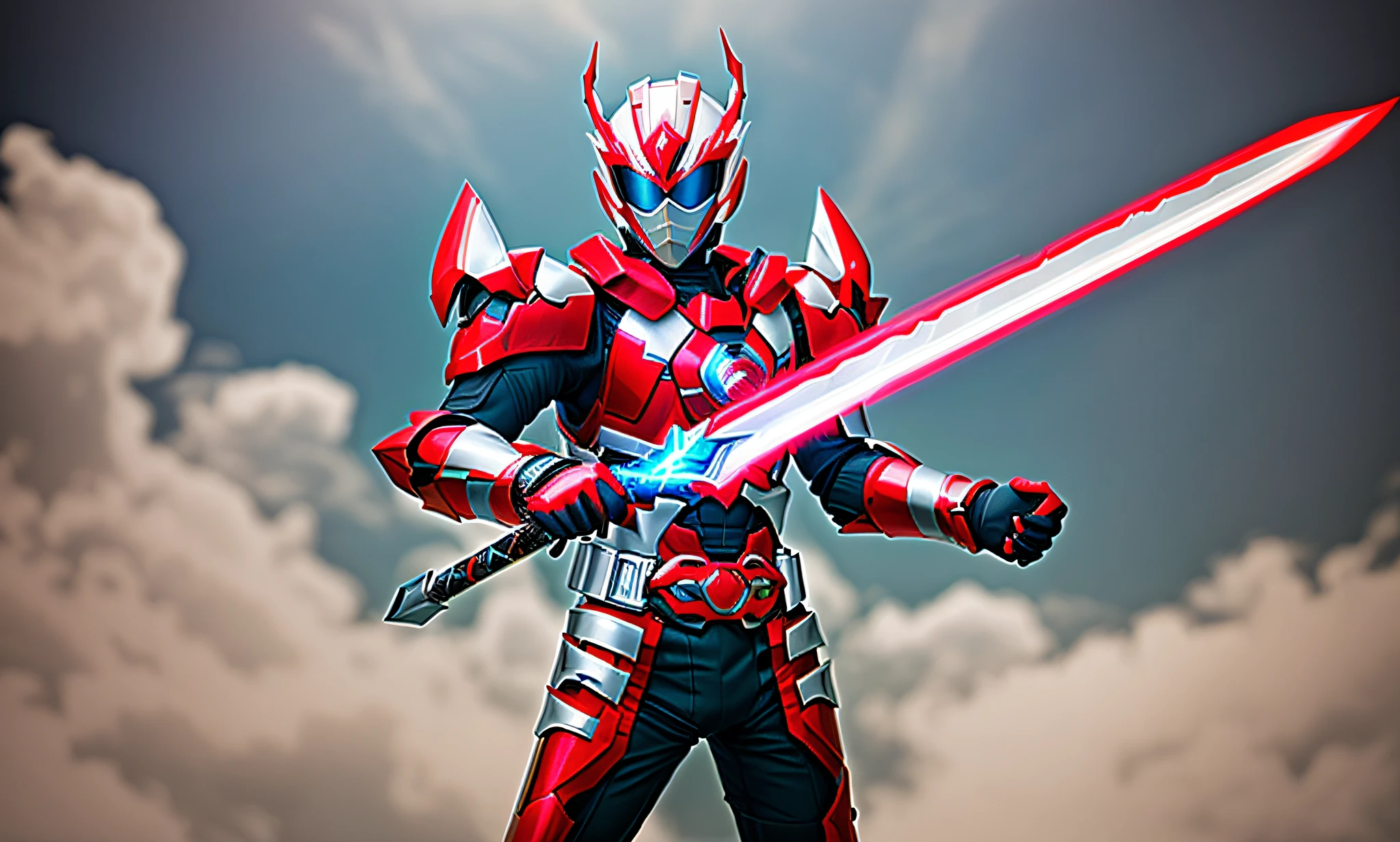 One wearing red and white clothing、Arafad image of man holding sword, kamen rider character, high fantasy kamen rider, kamen rider ghost, kamen rider action pose, faulds, Kamen Rider, Tokusho, white and red armor, cyber japan samurai armor, Cyber Japanese armor, cyber japan armor, Robot Samurai, Silver armor and red clothes,Armor Warriors,Flame Dragon Armor