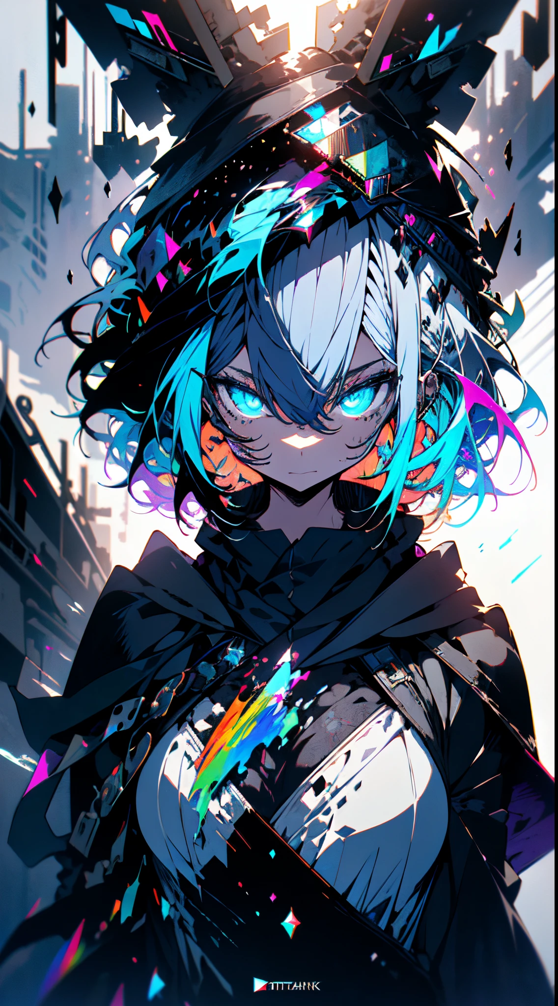 Cyberpunk female, fantasy world, dark background, clean design, epic instagram, artstation, colorful paint splatter, silhouette, hyper detailed intricate details, unreal engine, fantasy, intricate details, splash screen, complementary colors, Fantasy concept art, 8k resolution, deviantart masterpiece, oil painting, heavy strokes, paint dripping, (isolated on white background: 1.3), rainbow skin, (((handsome young woman))), ((teenage:1.5) ), (glowing blue eyes), ((light eyes)), ((((short white hair: 1.1))), ((black clothes)), (princess\\(indifferent expression\\),, ( ((Wears high detail luxurious black robe))), white hair, frost magic, ((medium breast) --v 6