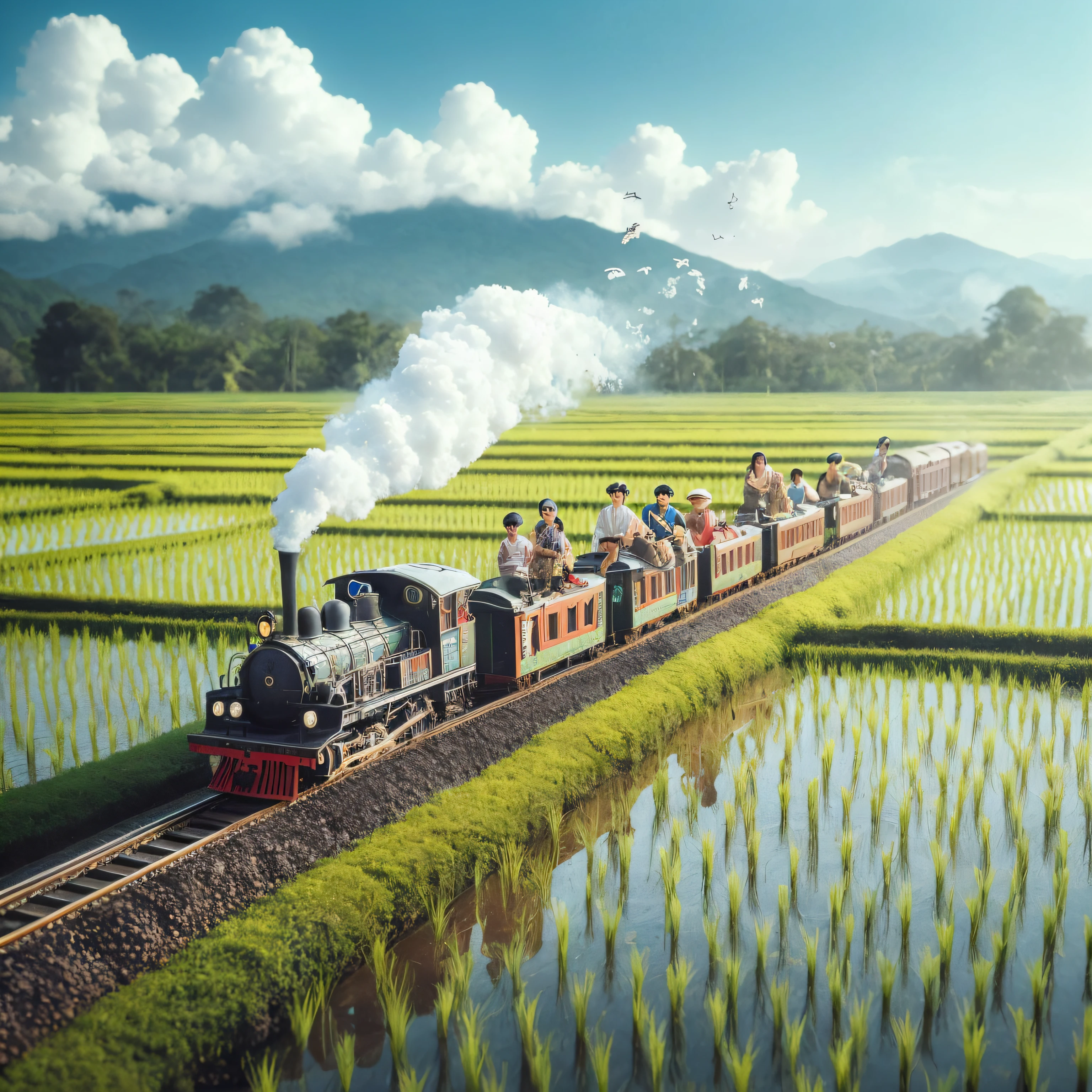 There is a train running on the tracks near the rice fields, On jungle forest train tracks, best adobe stock, miniature world, Wayne England, Steam trains, miniature photography, author:Fei Danxu, by Roman Brook, Cuckoo, scale model photography, photorender, Inspired by Chris Labroy, japan rural travel, author:Marshall Arisman