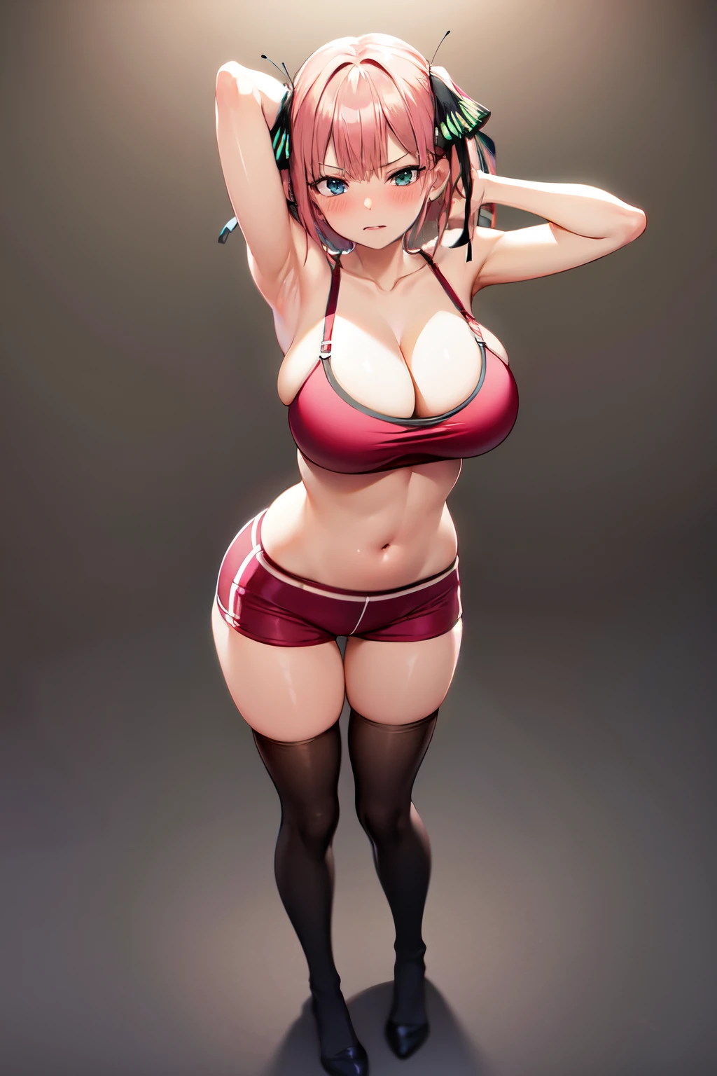 masterpiece, best quality, highres, Nakano nino, 1girl, solo, pink hair, short hair, busty, butterfly hair ornament, large breasts, cleavage, short pink hotpants, sport bra, blush, black thighhighs, looking at viewer, annoyed, blush, full body, standing, simple background, arms behind head, (erotic pose:1.4)