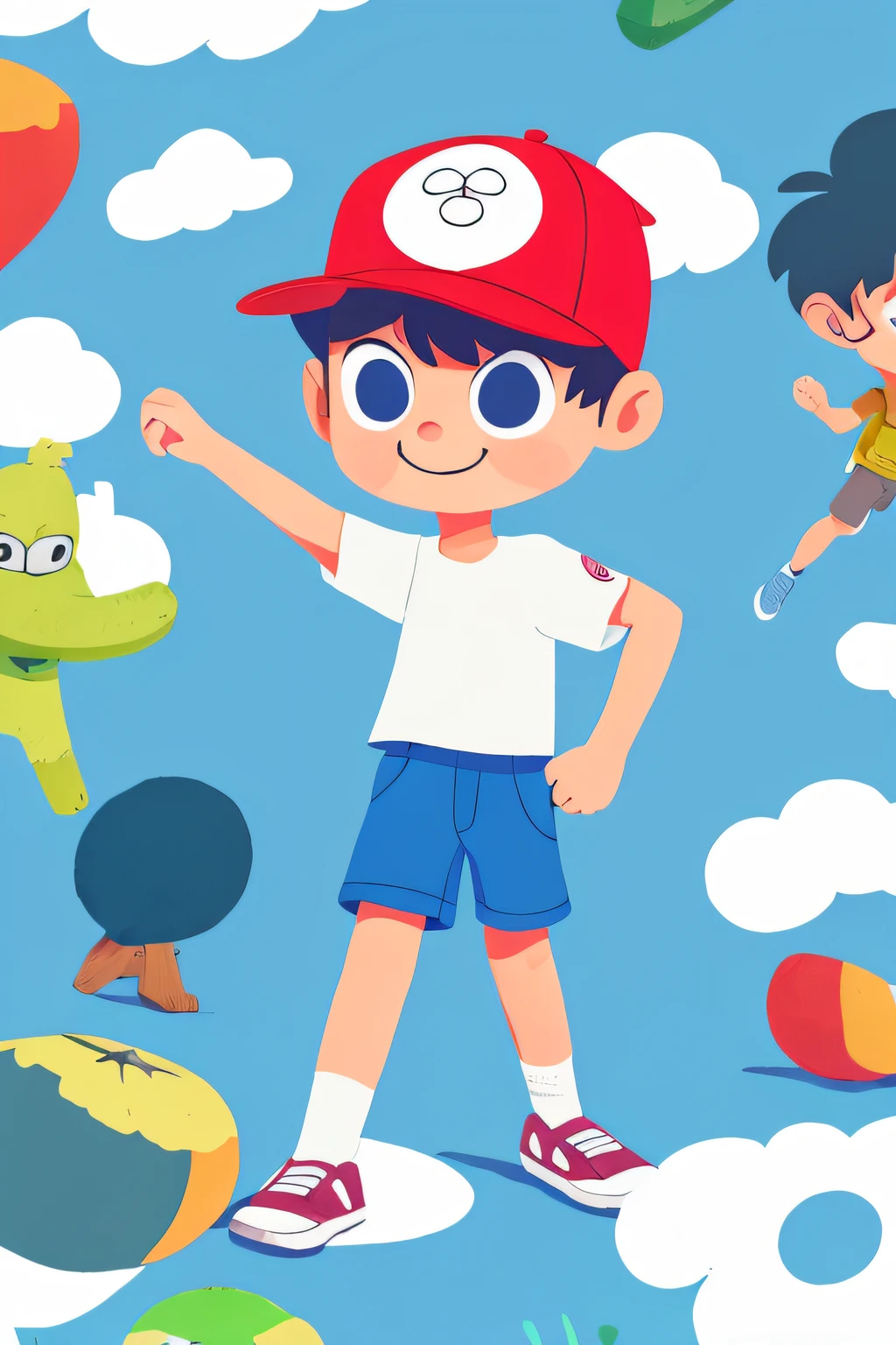 1 boy, solo, cartoon boy, short, full body, wearing a cap, running, cartoon style, big head, colorful shirt, flat color, (white background), (simple background)