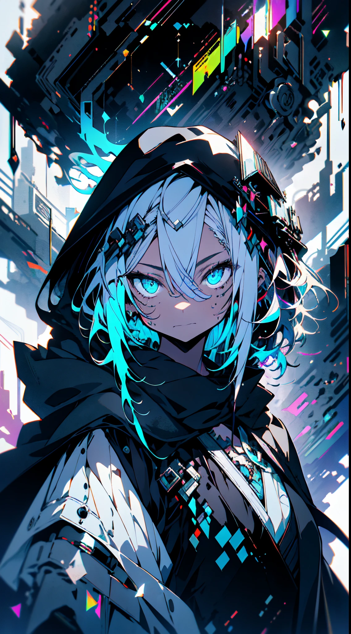 Cyberpunk female, fantasy world, dark background, clean design, epic instagram, artstation, colorful paint splatter, silhouette, hyper detailed intricate details, unreal engine, fantasy, intricate details, splash screen, complementary colors, Fantasy concept art, 8k resolution, deviantart masterpiece, oil painting, heavy strokes, paint dripping, (isolated on white background: 1.3), rainbow skin, (((handsome young woman))), ((teenage:1.5) ), (glowing blue eyes), ((light eyes)), ((((short white hair: 1.1))), ((black clothes)), (princess\\(indifferent expression\\),, ( ((Wears high detail luxurious black robe))), white hair, frost magic, ((medium breast) --v 6