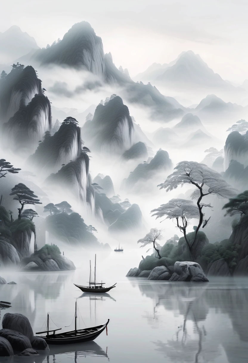 asian landscape with trees and boats, in the style of ethereal imagery, animated gifs, white and gray, serene and peaceful ambiance, mountainous vistas, serene faces, mist