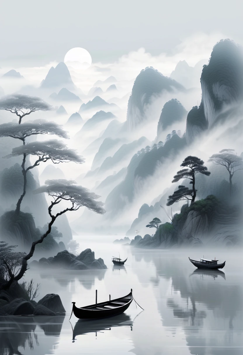 asian landscape with trees and boats, in the style of ethereal imagery, animated gifs, white and gray, serene and peaceful ambiance, mountainous vistas, serene faces, mist