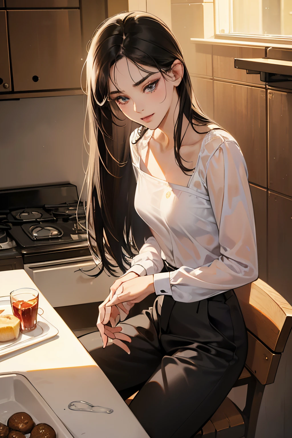 (masutepiece, Digital Art, Digital Illustration, 4K, 8K, Ultra-detailed, beautiful image, Sharp Image, Photorealistic, Raw photo, Perfect face, Perfect lines, Perfect eyes, Soft lighting) 1 woman, (Long Black Hair,straight haired,Bullish gaze,Beautie,Woman in suit、Solid makeup,23 y-o woman,small tits:1.3),Secretary, Two handsome men in suits, (ember,Men in suits,well-muscled,Firm shoulder width,Adult male,Boyish hairstyle,English gentlemanly style,Man in his 30s with a cool expression,28-year-old man with bright smile:1.2),light-filled kitchen、Kitchen Counter、water work、the kiss、kiss、a couple、couple kissing、Romance、ssex、have sex、Wet pubic area、insert 、Rape、Overflowing、Full body painting,(One Girl And One Man,Having sex:1.5),(ember,Adult male,Rubbing the girl's boobs:1.2),Cheek dyeing、gasping face、embarrassed、boredom、begging、Unhappy、Greedy expression,Wet pubic area、 xen、Open your crotch wide、Cowgirl、Fluttering chest、Wet shirt、Sheer black lace underwear、