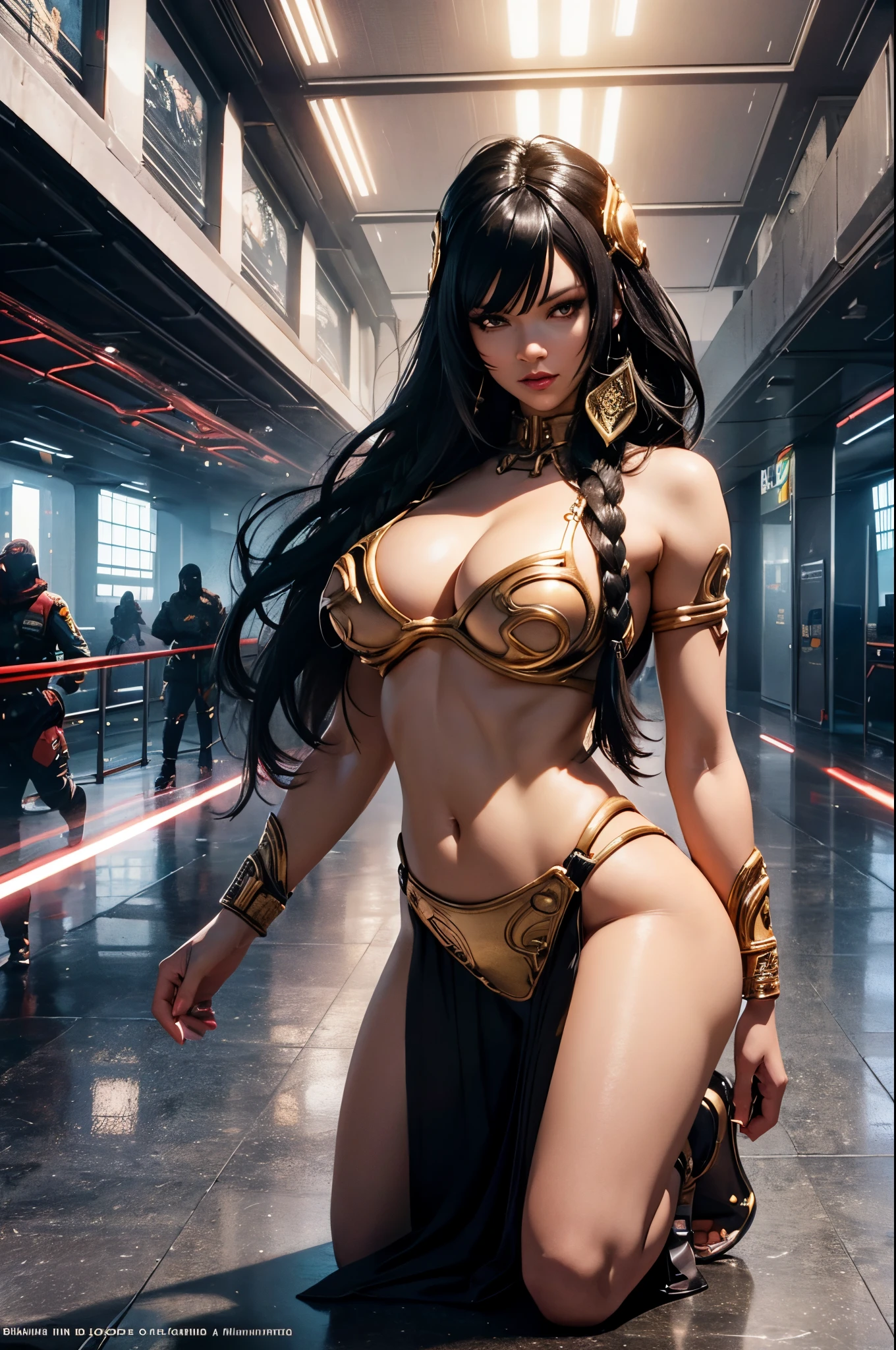 beautiful alluring futuristic gladiatrix rihanna with a very big afro, dark skin, swaety skin, at a futuristic arena, fantasy, cyberpunk theme, cleavage, gold metal futuristic bikini armor, Fiverr Dnd Character, Octane Render, Digital Art, Extreme Detail, 4k, Ultra Hd, Polished, Beautiful, Hyperdetailed, Intricate, Elaborate, Meticulous, Photorealistic, Sharp Focus, Wlop, Character Design, Unreal Engine, 3d Rendered, Volumetric Lighting, Reflections, Glossy, Digital Illustration, Sensual Pose, Suggestive Pose, Lewd, Full Body Shot, anatomically correct, 💖❤💕💋❣