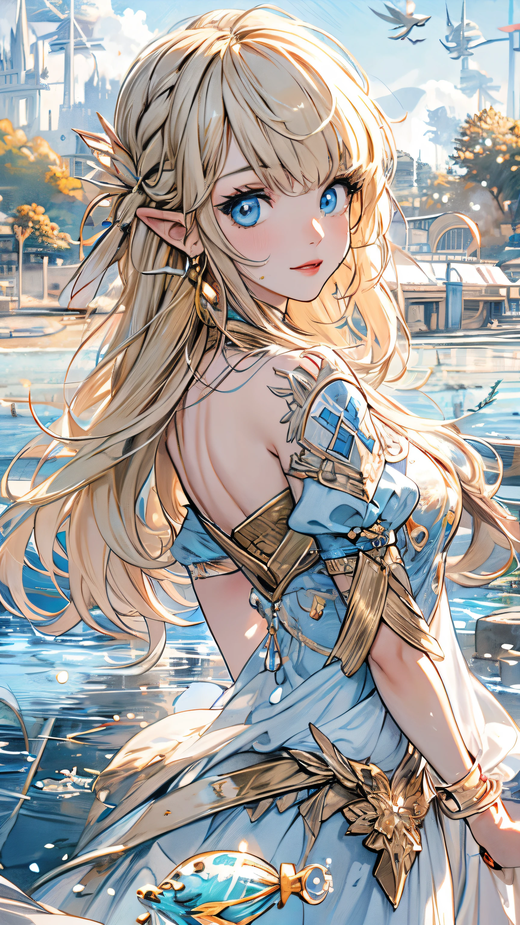 "(Best quality,4K,8K,A high resolution,tmasterpiece:1.2), ultra - detailed,(actual,realistically,realistically:1.37), Impresionismo, Under water, iris compit, airbubble, Flat-chested girl, The fish, Long blonde hair, floods, Solitude, Eau, A princess, blond hair blue eyes, short- sleeved, eBlue eyes, fairies, Legend of Zelda, jewely, CG, kingdom city background, Ancient machinery, diadems, Light effect."