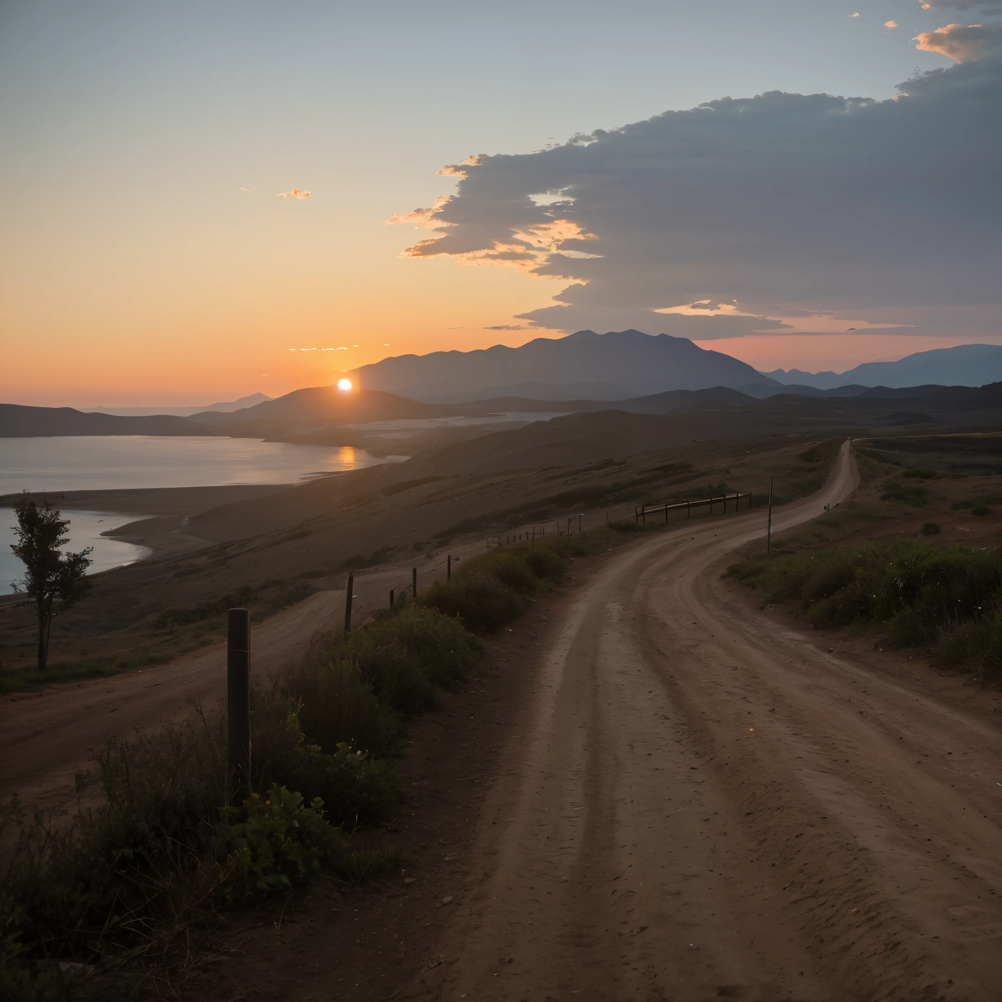 Alafed dirt road leading to a mountain，The background is sunset, Shot using sigma 2 0 mm f 1. 4, a road to the lighthouse, Heading towards the sunset, shot with a canon 20mm lens, mountains and sunset!!, The sun rises from between the two mountains, road to the sea, Shot with Sony alpha 9, late sunset