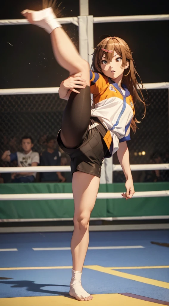 1girl, long brown hair, shinka nibutani, angry stare, a swift right leg high kick in the air, right foot lifted above head-level, high kick, toes bent backwards, standing on left leg, holding fistsnear the chest, taekwondo front kick, 1v1 fighting contest, intense battle, barehands, fighting pose, facing viewer, POV, show full body in picture, (best quality,4K,high resolution,masterpiece:1.2)